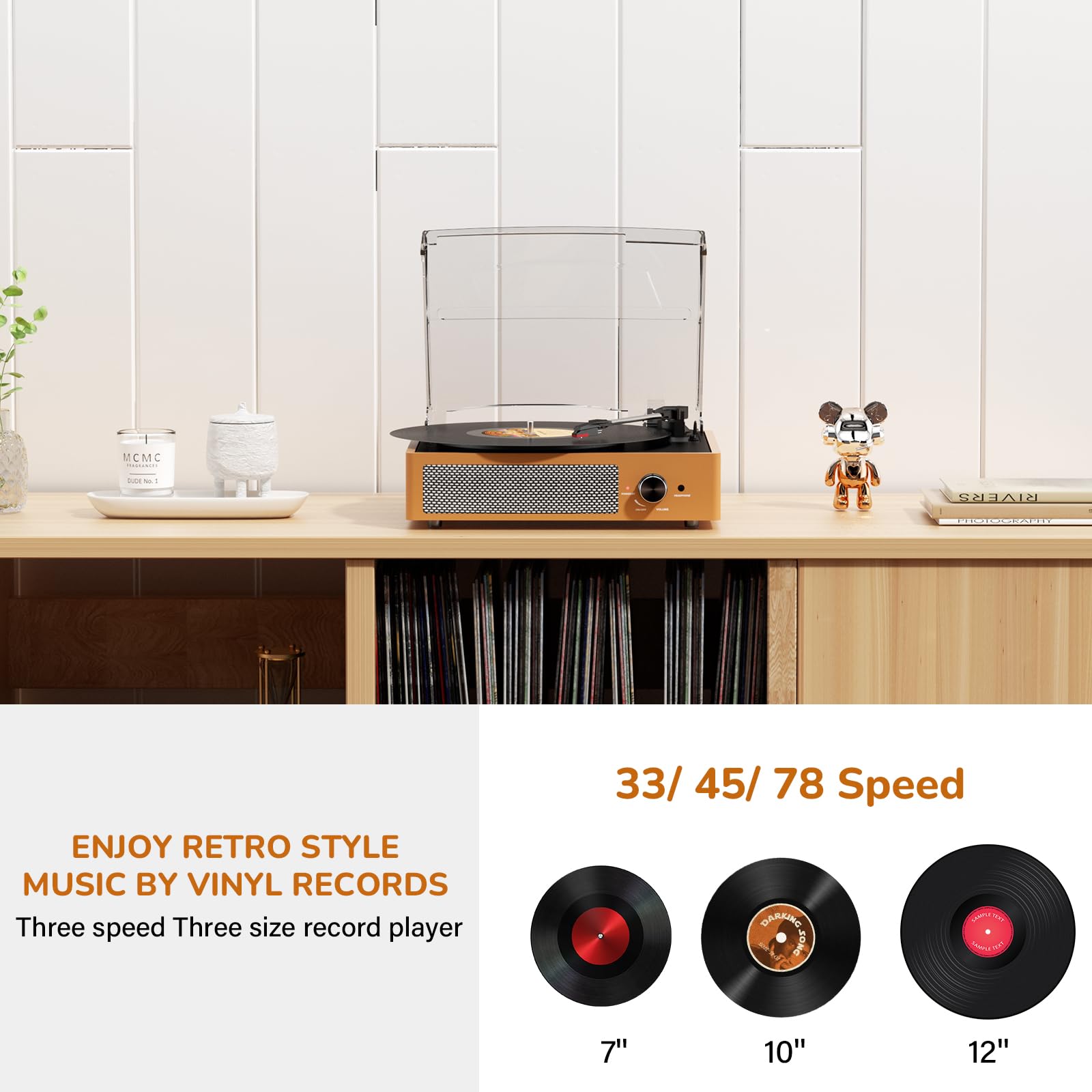 Vinyl Record Player with 2 Stereo Speakers Belt-Driven Vintage Turntables 3 Speed 3 Size Wireless Bluetooth Playback AUX-in RCA Out Headphone LP Vinyl Players Auto Stop Frosted Golden