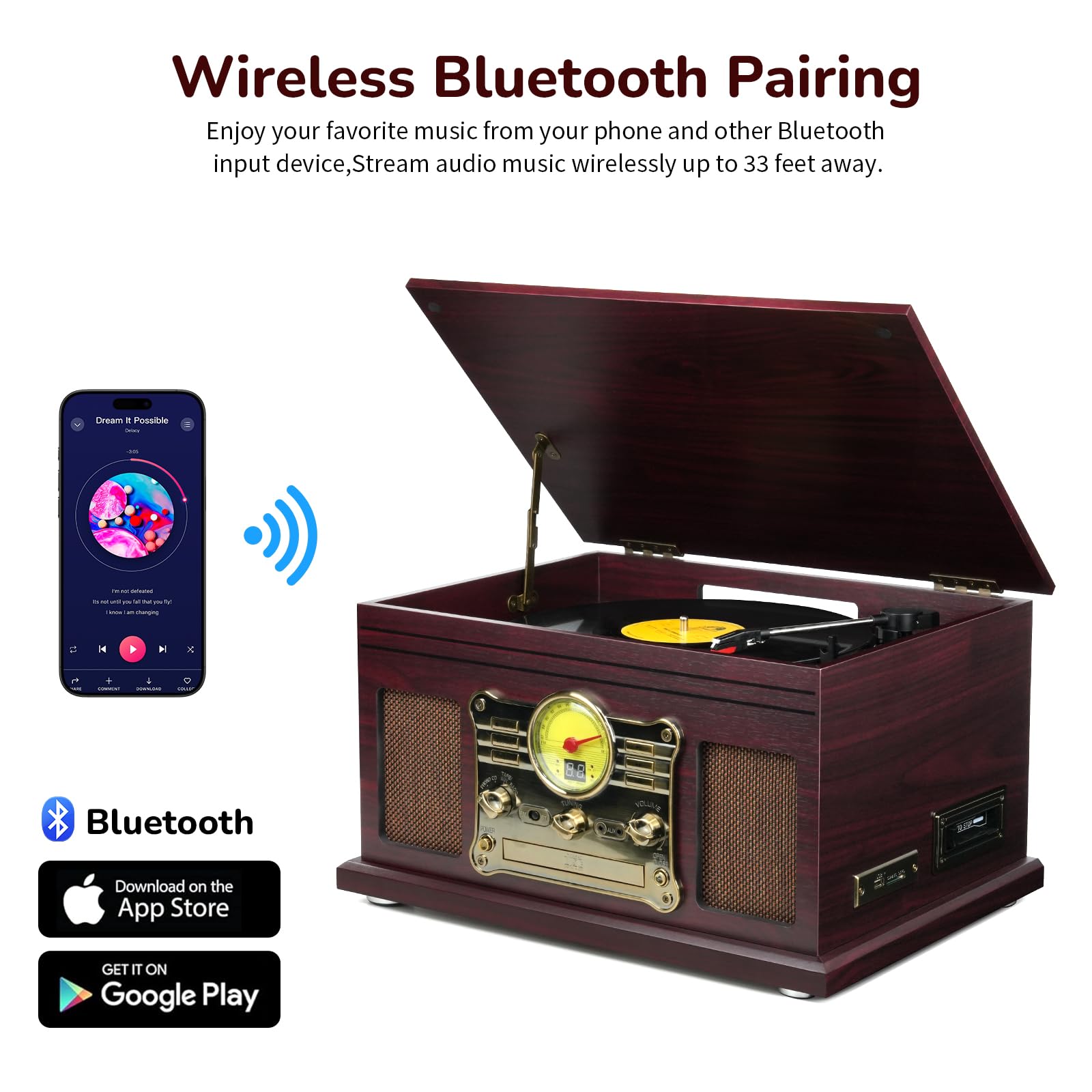 FEKTIK Bluetooth Record Player 10 in 1,FEKTIK 3-Speed Turntable for Vinyl with Speakers, LP to MP3 Converter, CD, Cassette Player, FM Radio, Wireless Streaming | Coffee