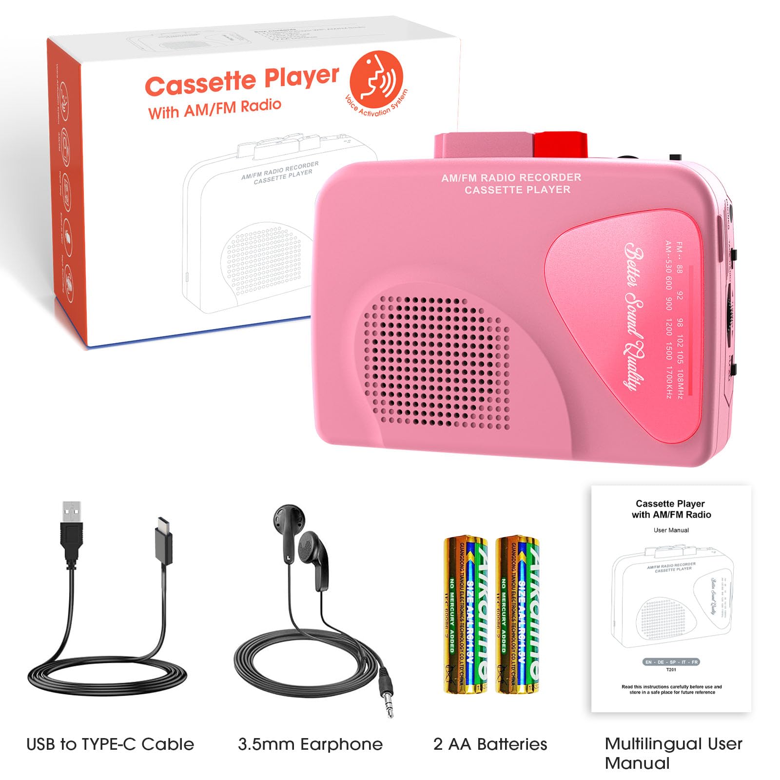 Walkman Cassette Players Recorders AM/FM Radio, Portable Tape Player Records to Tape Built in Speakers Manual Record - 2AA Battery Or DC 5V Supply with 3.5MM Earphone- Pink
