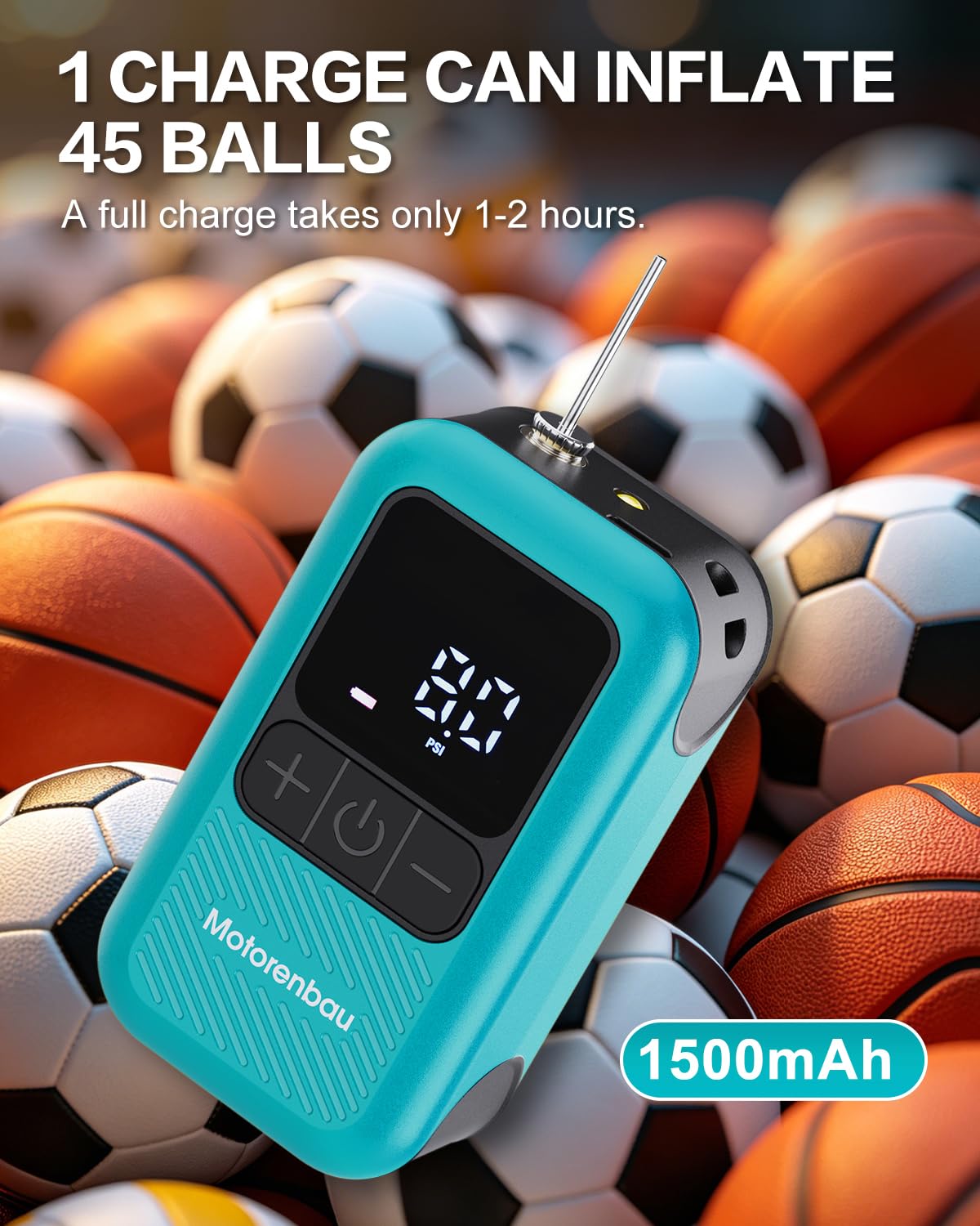 Motorenbau Electric Ball Pump for Sports Balls with LCD Display & LED Light-light blue