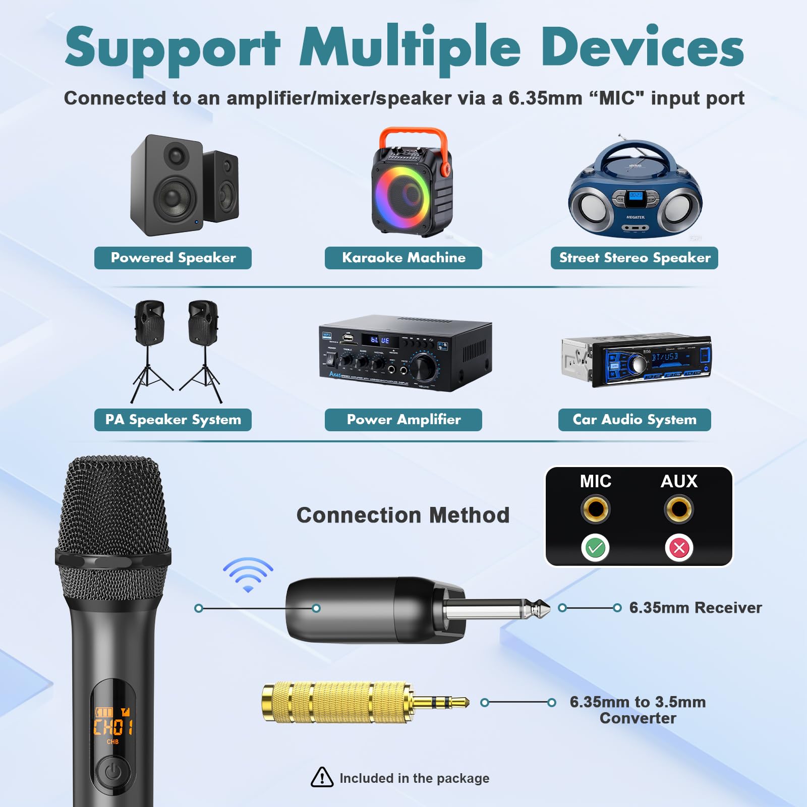 Wireless Microphones, Professional UHF Metal Dual Handheld Cordless Dynamic Mic System with Rechargeable Auto- Receiver, 160 ft Range, Microphone for Karaoke, Party Singing, Lecture, DJ, Wedding