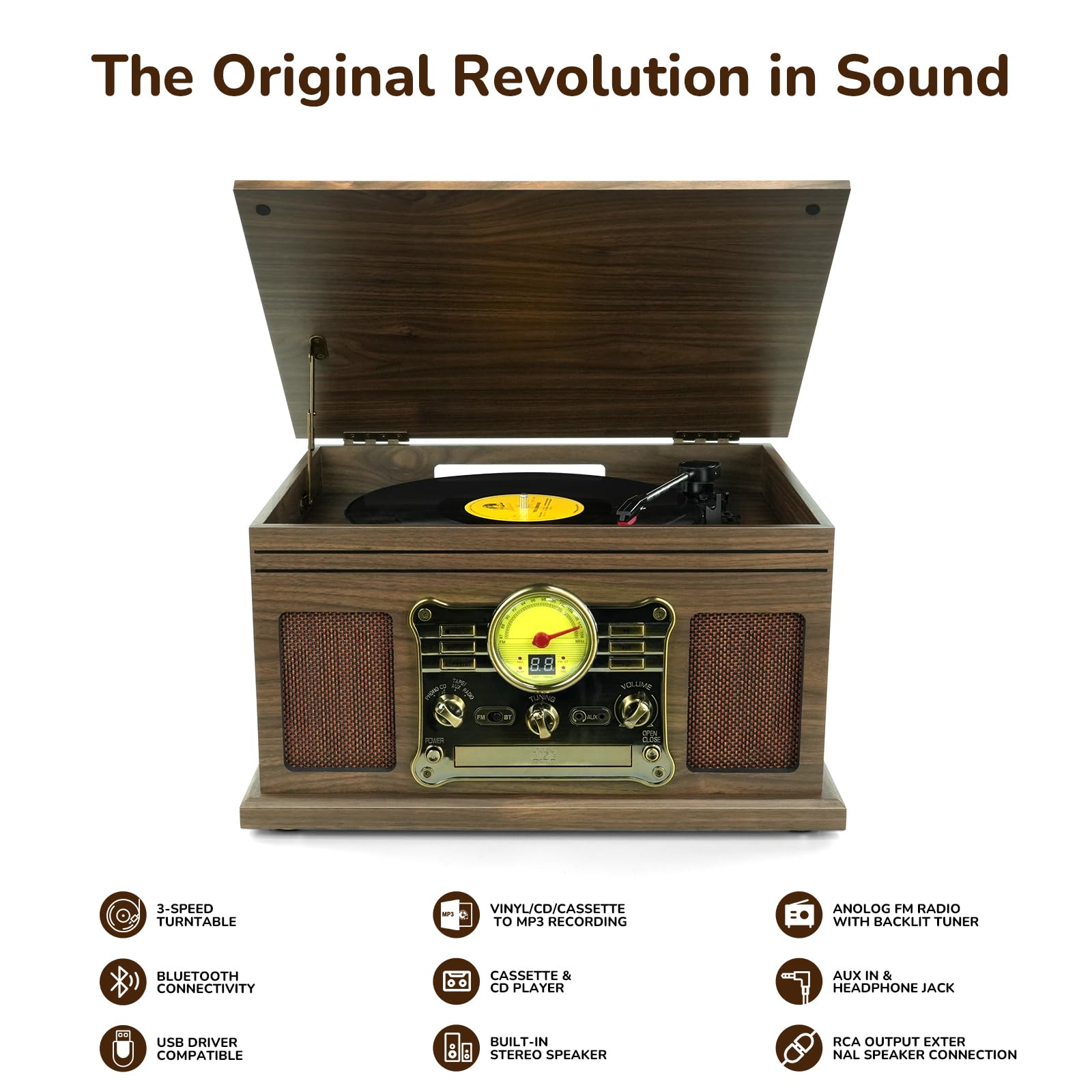 FEKTIK Bluetooth Record Player 10 in 1,FEKTIK 3-Speed Turntable for Vinyl with Speakers, LP to MP3 Converter, CD, Cassette Player, FM Radio, Wireless Streaming | Wooden