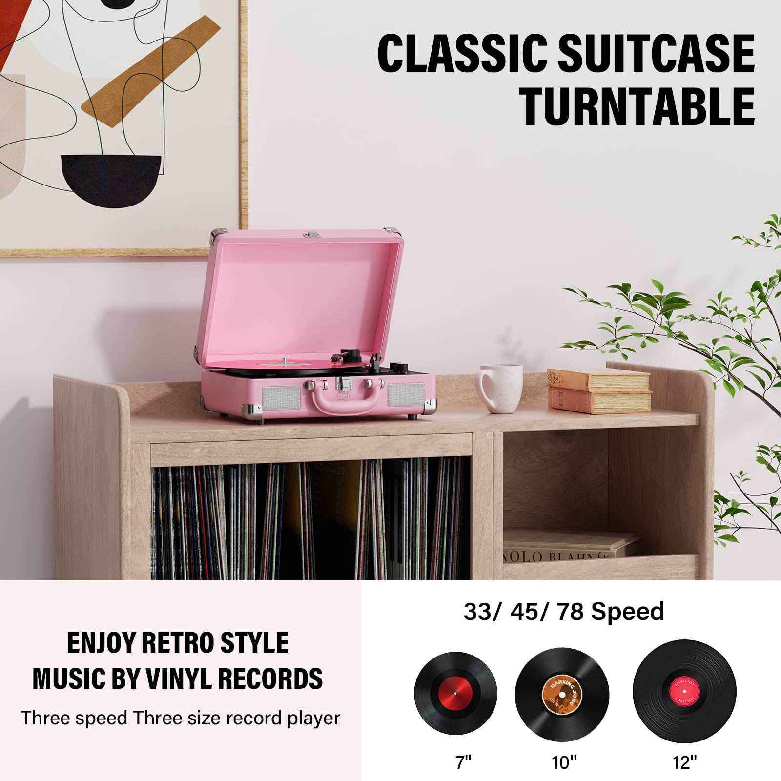 Vinyl Record Player Bluetooth 3-Speed Portable Vintage Suitcase with Built-in Speakers, RCA Line Out AUX in Headphone Jack Vintage Turntable,Pink