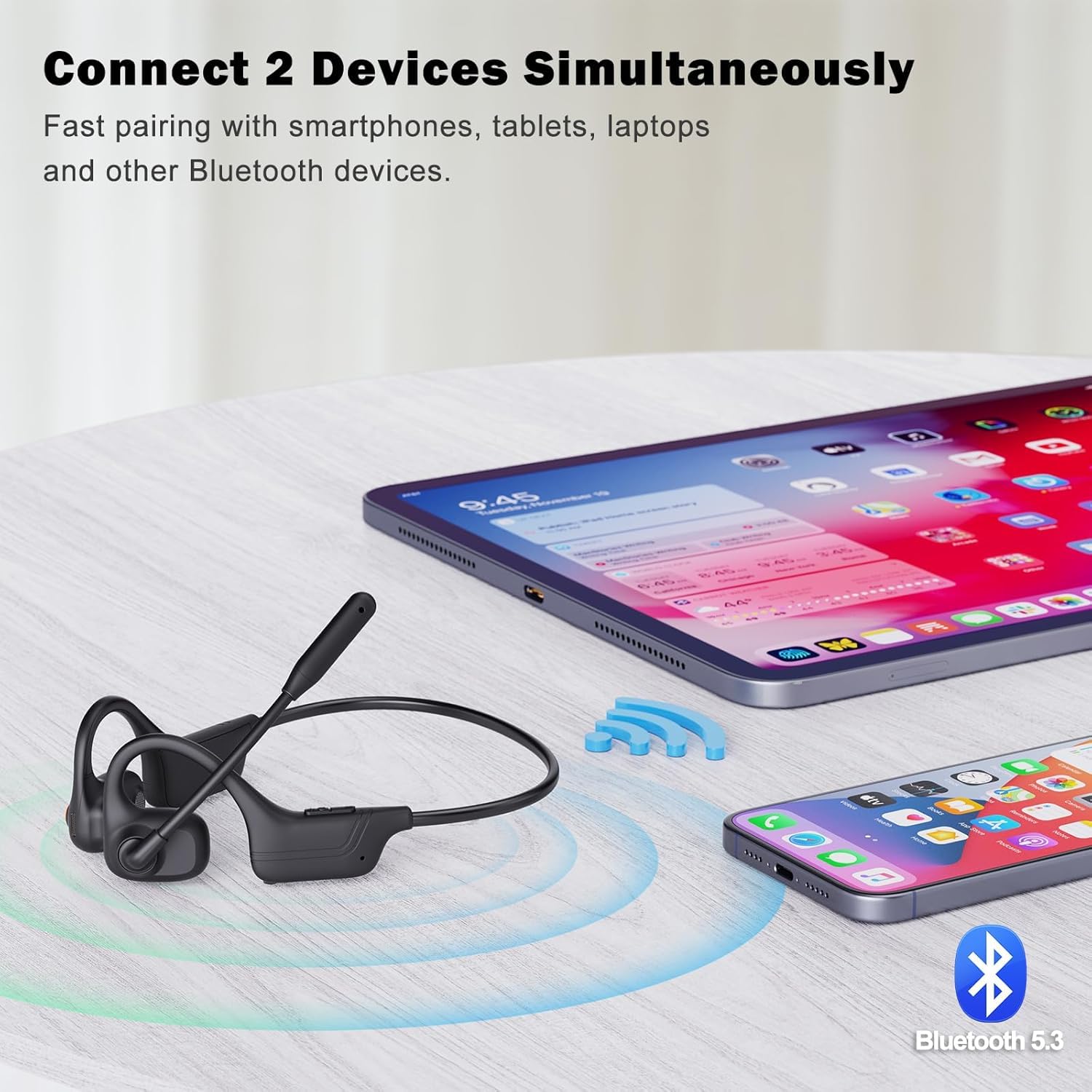Open Ear Headphones with Mic, Bluetooth Headset with Microphone, AI Noise Cancelling Multipoint Connect Bluetooth 5.3 Headset, Sweatproof Wireless Headset for Work, Driving, Running, Workouts