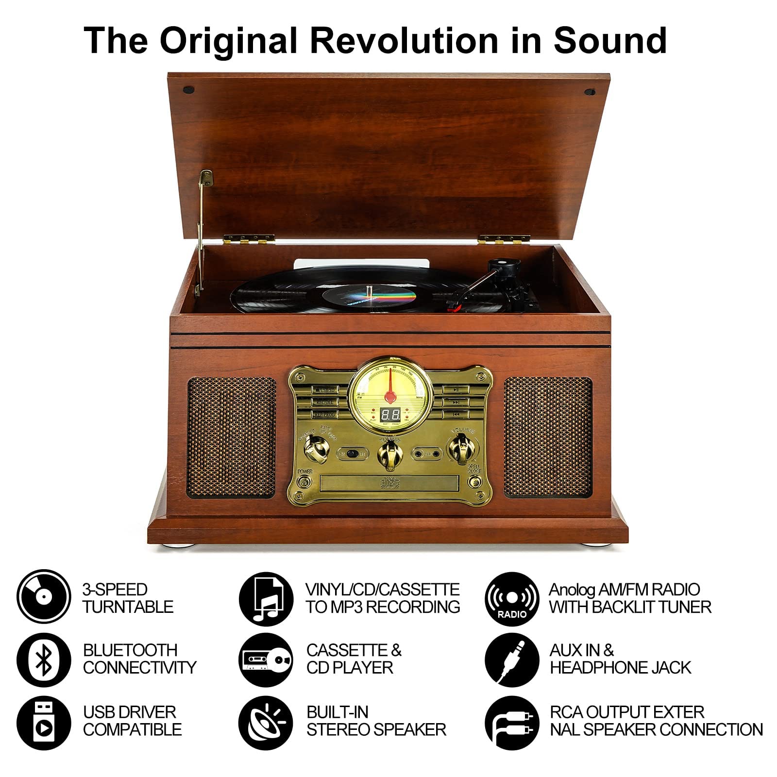 Bluetooth Record Player 10 in 1, 3-Speed Turntable for Vinyl with Speakers, LP to MP3 Converter, CD, Cassette Player, FM Radio, Wireless Streaming | Mahogany