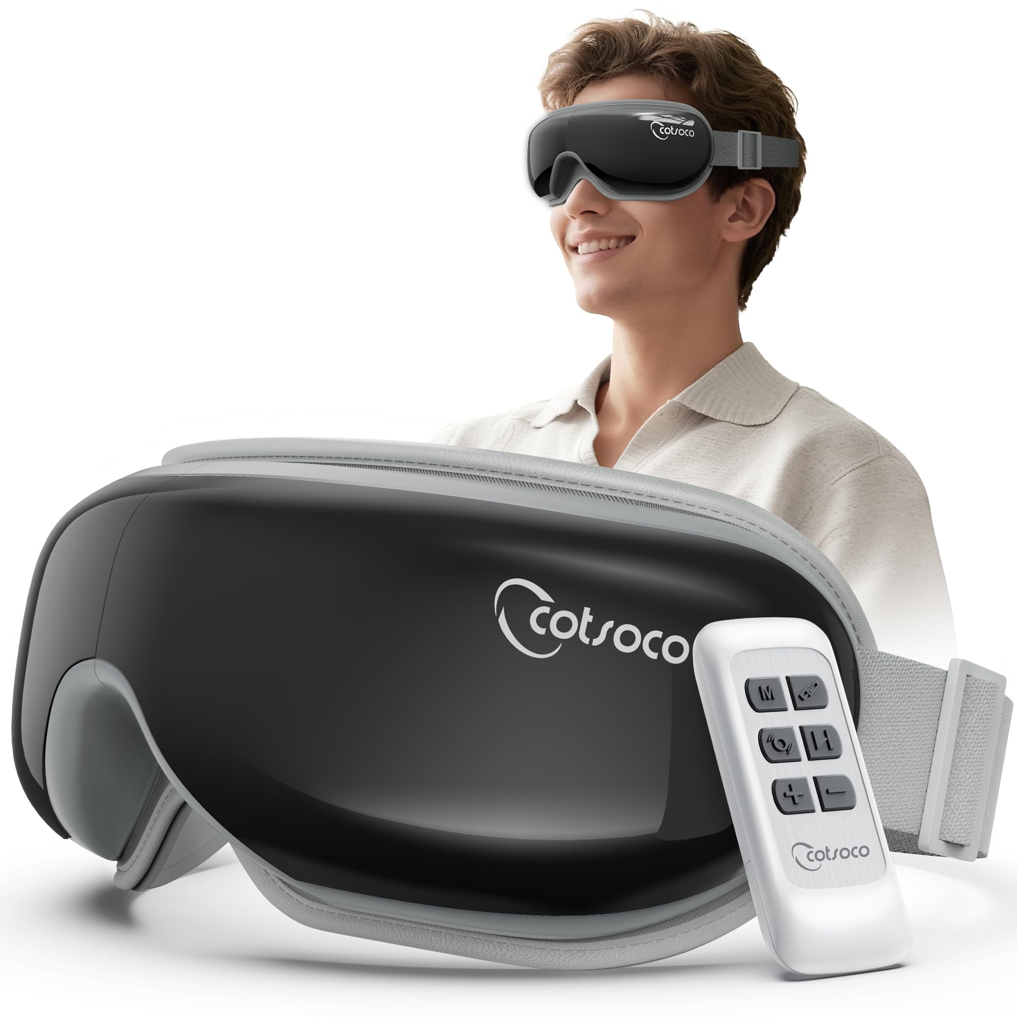 Cotsoco Eye Massager with Heat, Remote, and Compression, Adjustable Foldable Sleep Mask for Relaxing Eyes and Better Sleep, Migraine Relief Device, Birthday Gifts for Women Men Her Him-Black