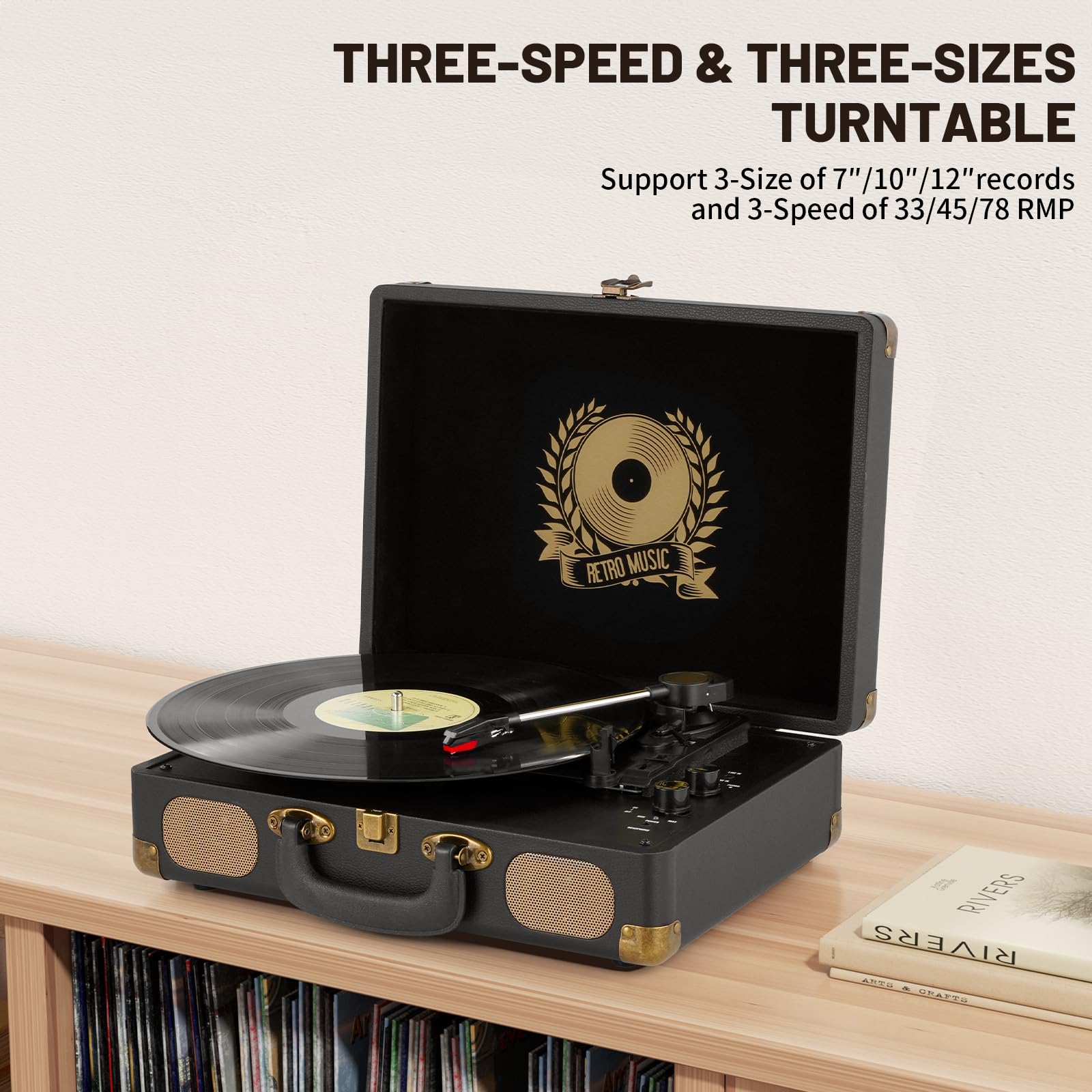 Vinyl Record Player Bluetooth 3-Speed Portable Vintage Suitcase with Built-in Speakers, RCA Line Out AUX in Headphone Jack Vintage Turntable, Black
