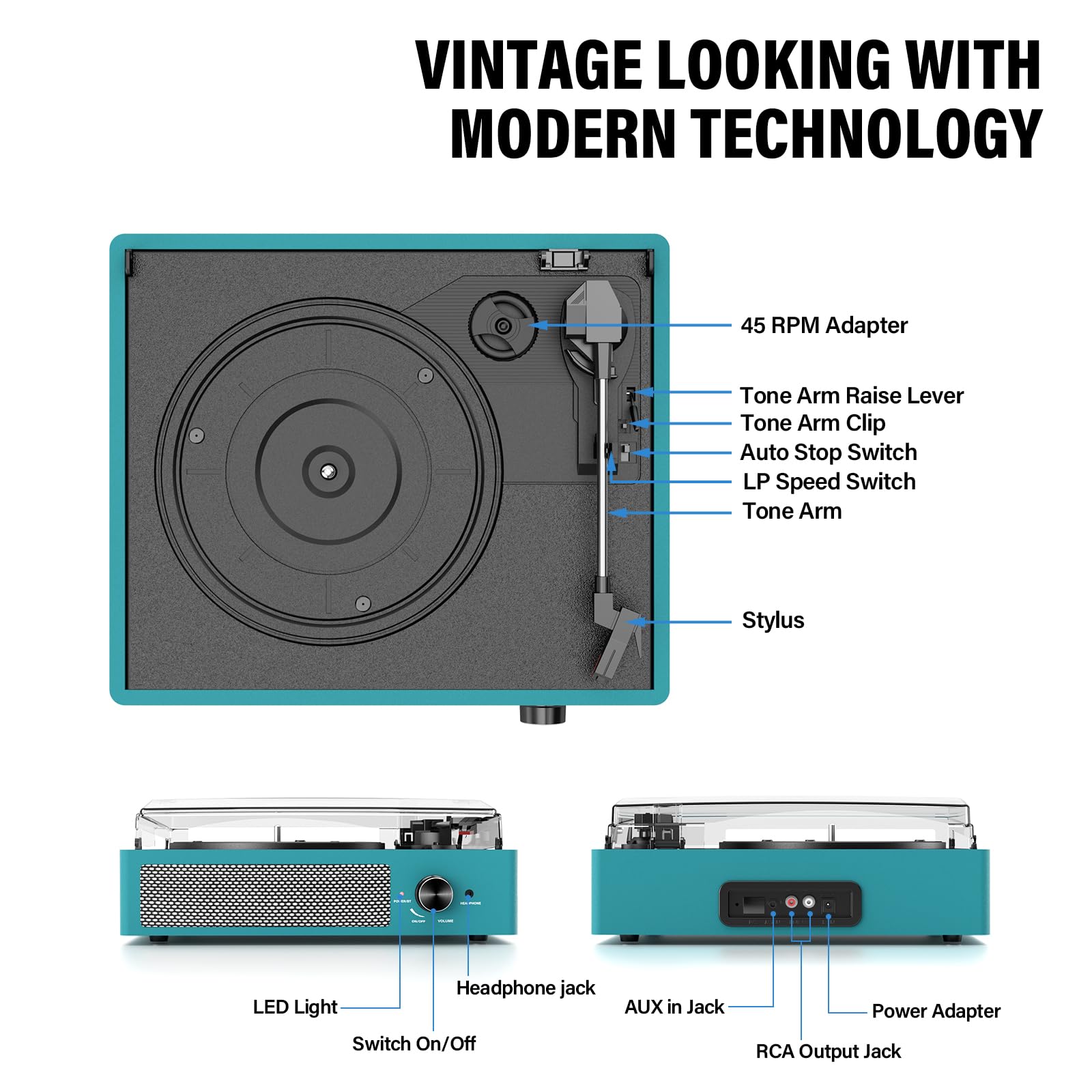 Digitnow Record Player – Vinyl Player with Bluetooth Sea Blue