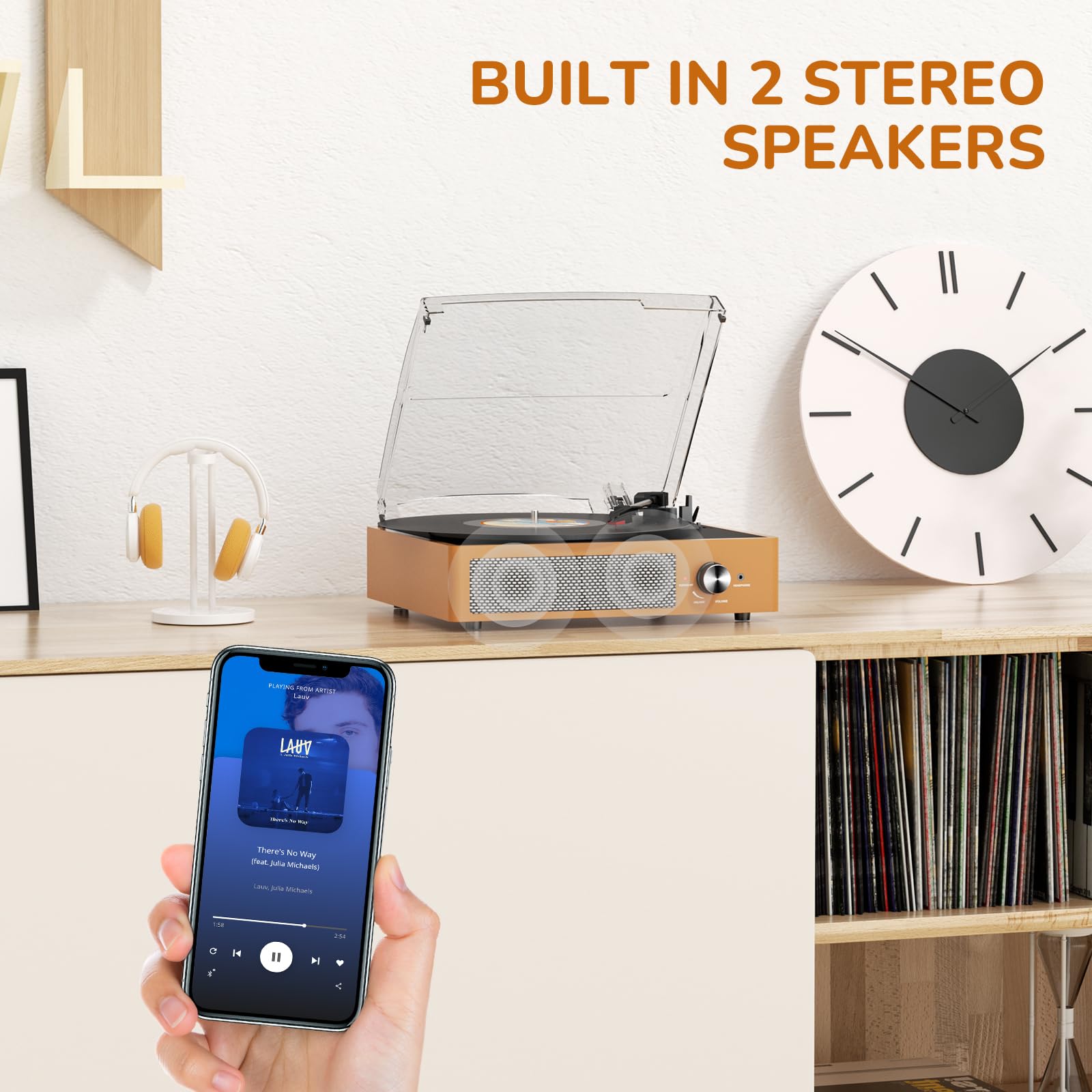 Vinyl Record Player with 2 Stereo Speakers Belt-Driven Vintage Turntables 3 Speed 3 Size Wireless Bluetooth Playback AUX-in RCA Out Headphone LP Vinyl Players Auto Stop Frosted Golden