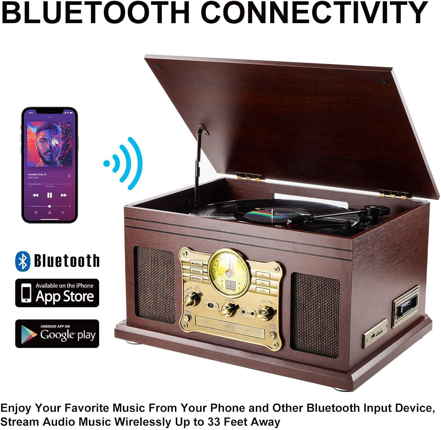 10 in 1 Bluetooth Record Player, 3-Speed Turntable for Vinyl with Speakers, LP to MP3 Converter, CD, Cassette Player, FM Radio, Wireless Streaming | Red Brown