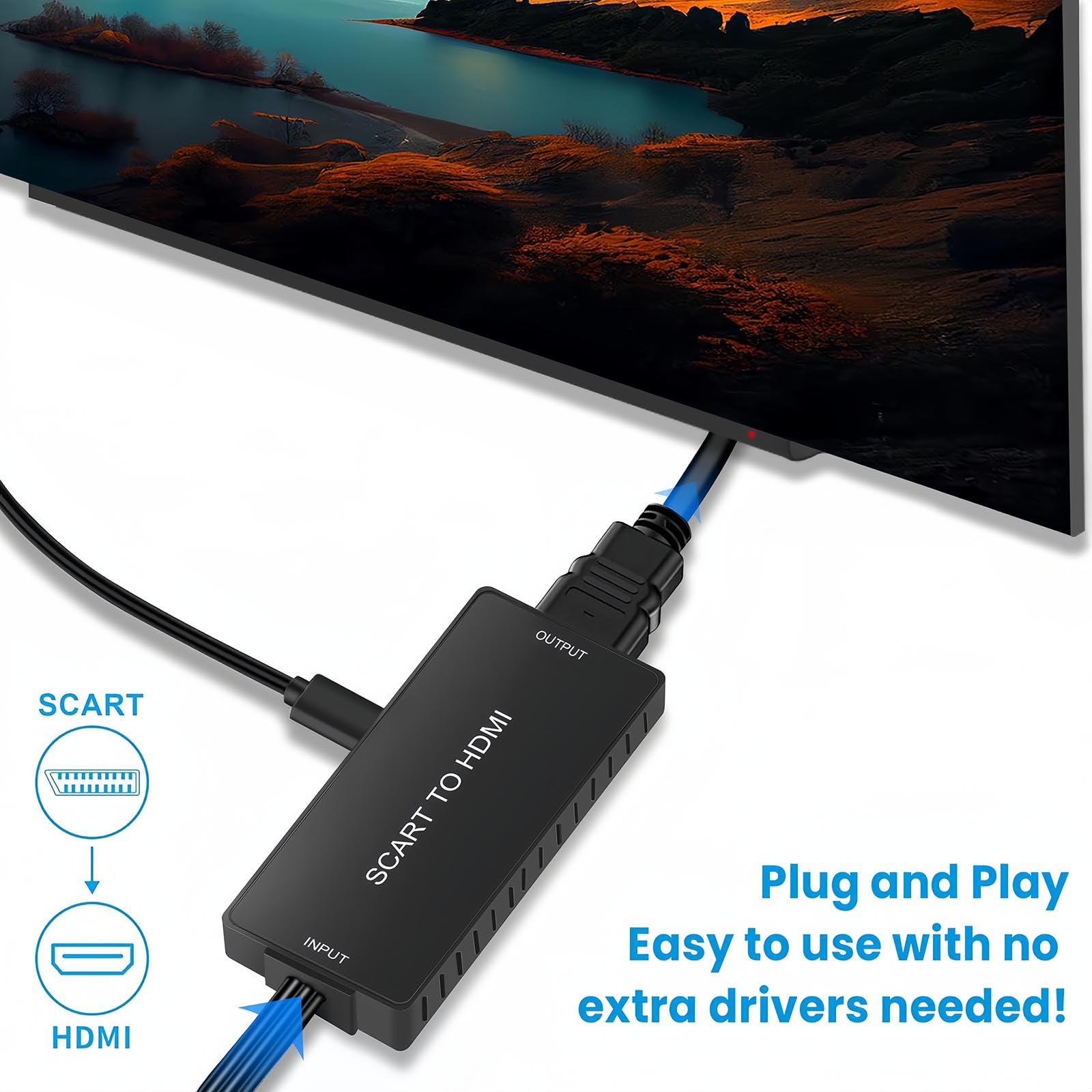 Scart to HDMI Converter, Scart to HDMI Cable with 720P/1080P Switch, Scart to HDMI Adapter for TV Monitor Projector, Scart Lead to HDMI Video Converters for VHS DVD Player STB Xbox Wii PS2 PS3 to TV