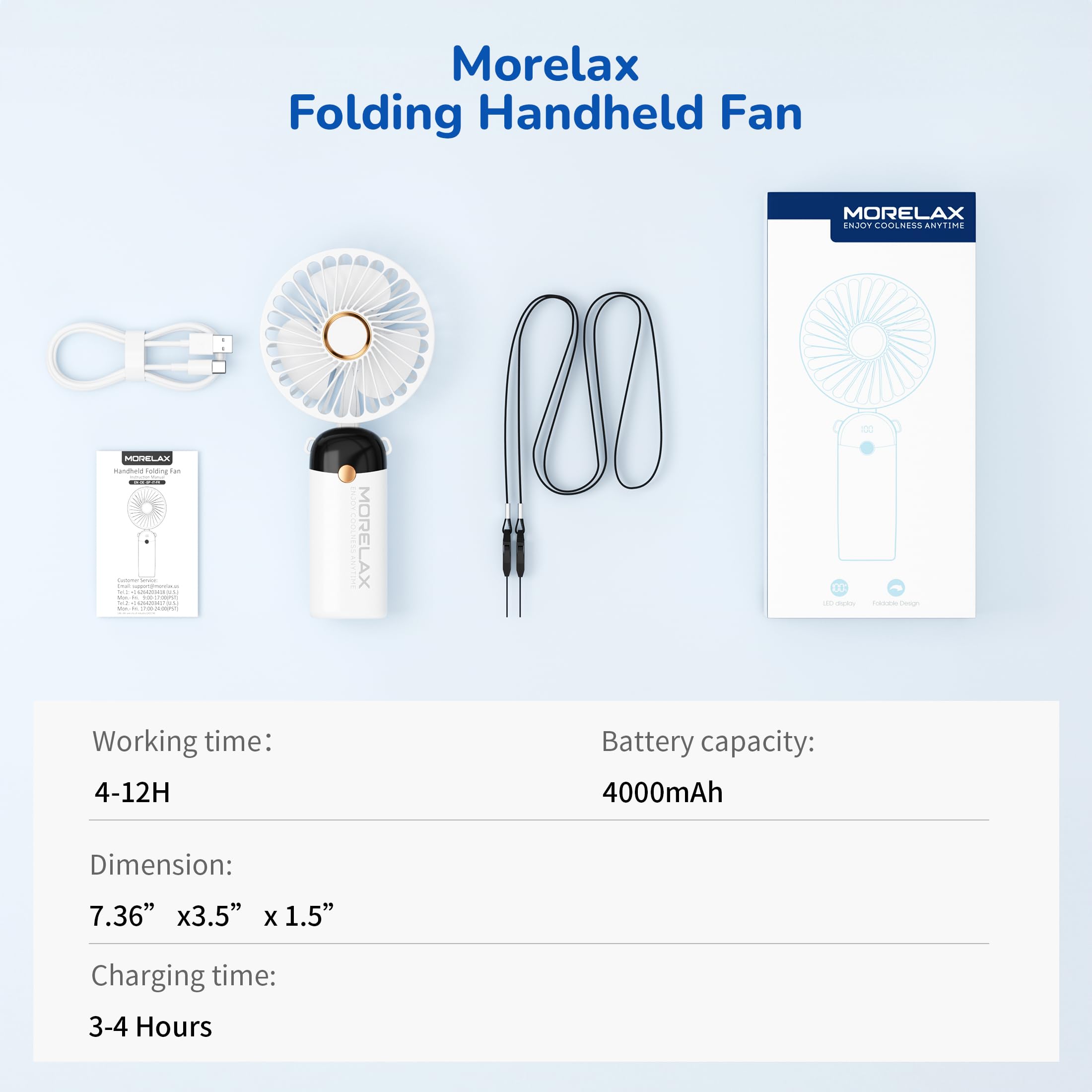 Morelax Handheld Mini Fan,USB Rechargeable Fodable Personal Fans 4000mAh,90 Adjustable, 6 Speed Strong Wind,Portable Fan Pocket Design 5 IN 1Cooling Table Fan for Office School Outdoor Travel,White