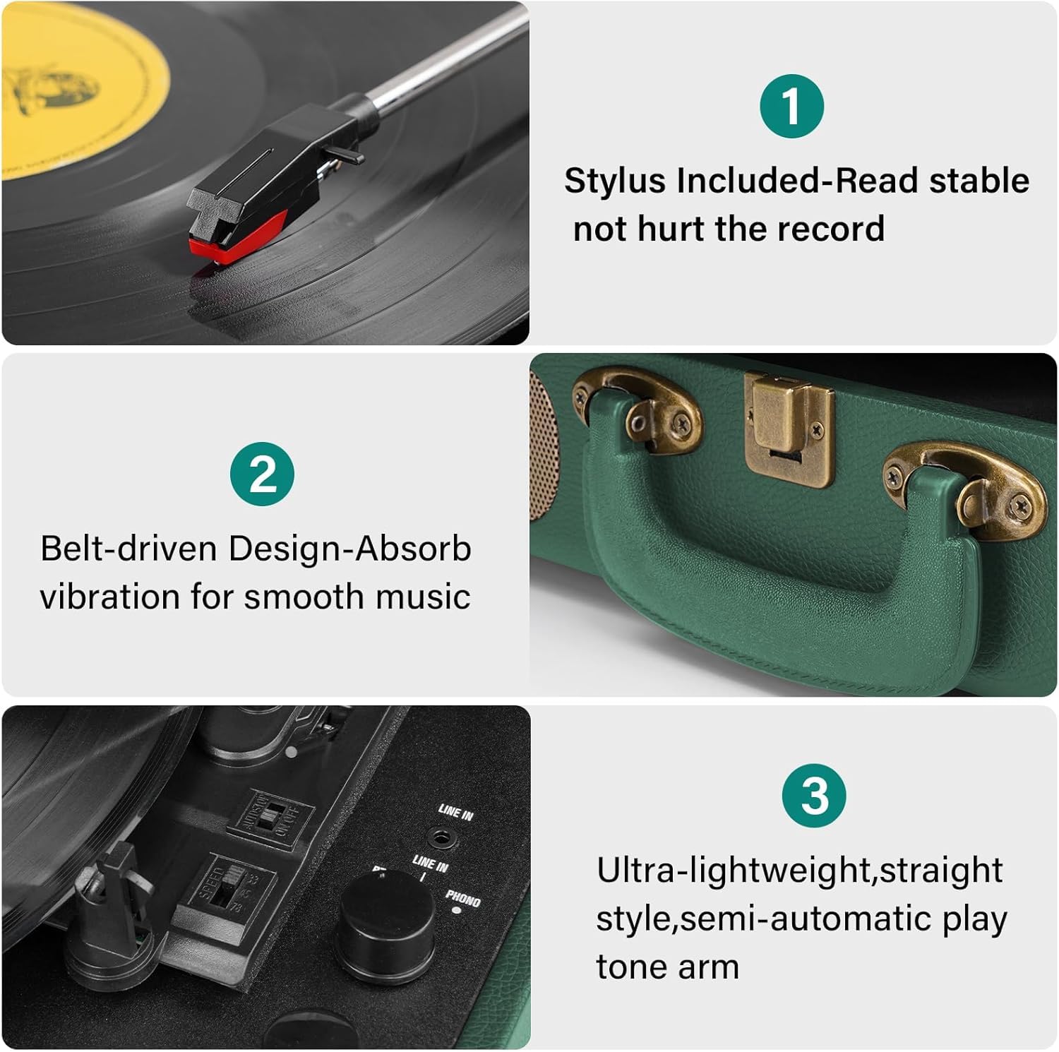 Vinyl Record Player Bluetooth Turntable 3-Speed Suitcase Portable Vintage Belt-Driven Record Player with Built-in Speakers RCA Line Out AUX in Headphone Jack Dark Hunter Green