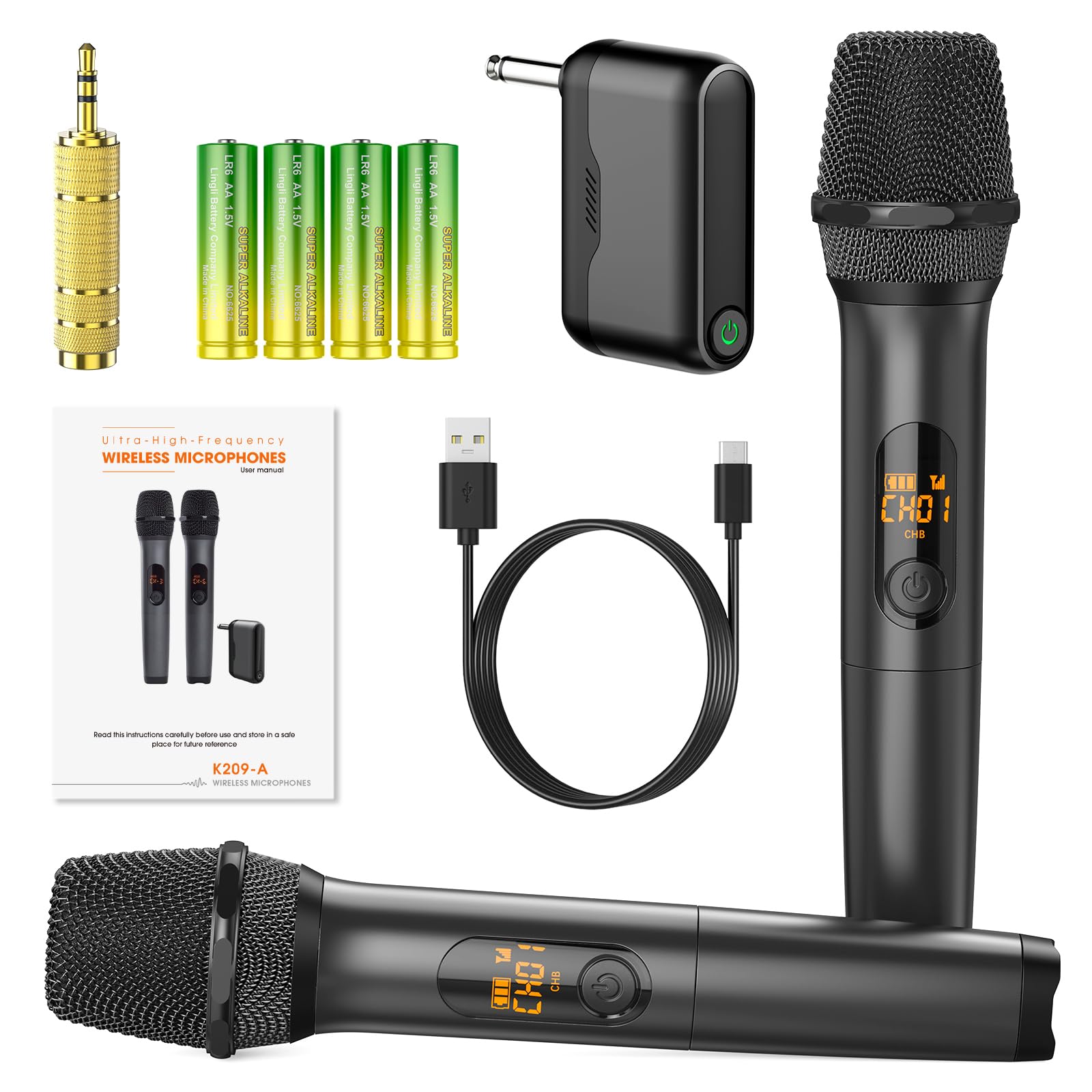 Wireless Microphones, Professional UHF Metal Dual Handheld Cordless Dynamic Mic System with Rechargeable Auto- Receiver, 160 ft Range, Microphone for Karaoke, Party Singing, Lecture, DJ, Wedding