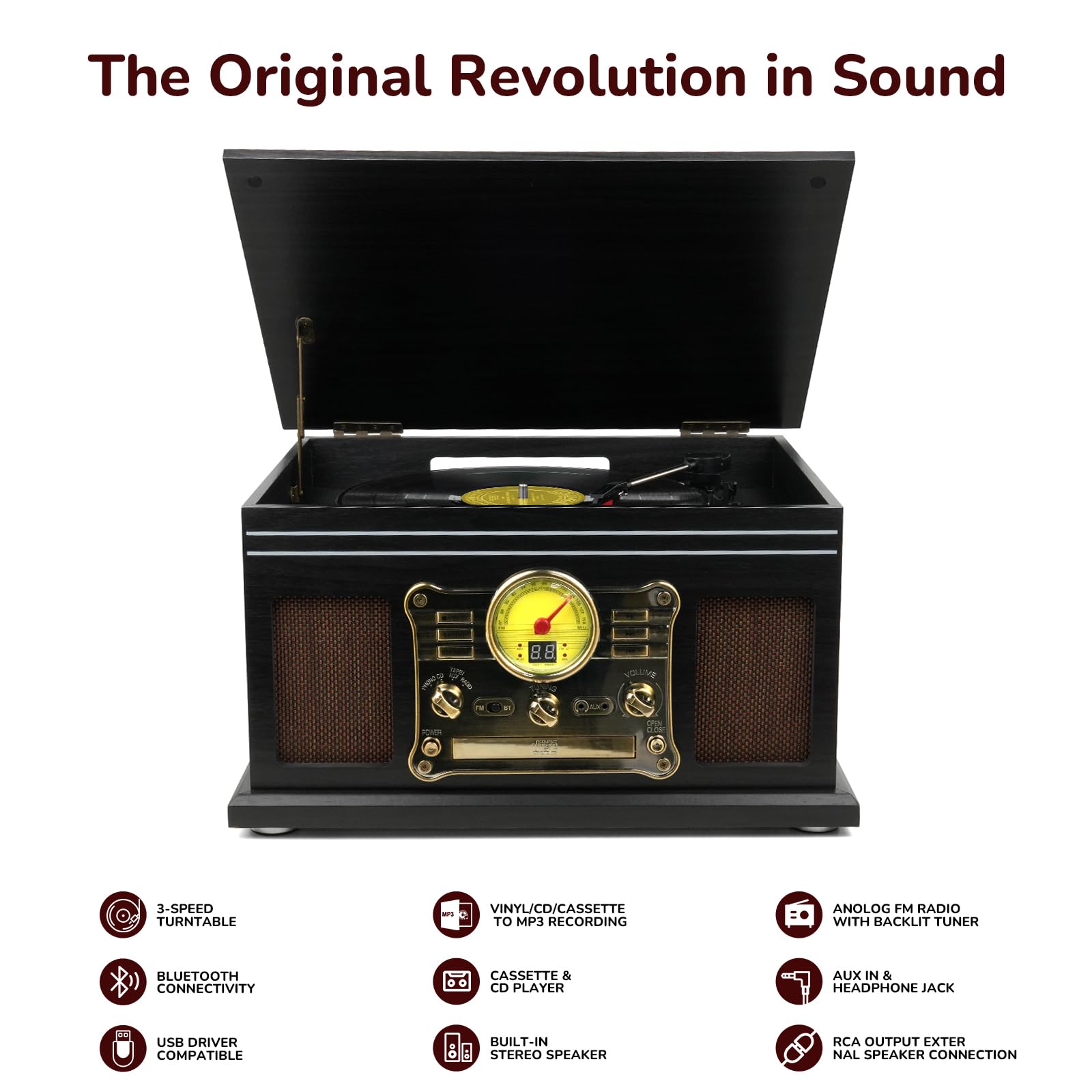 FEKTIK Bluetooth Record Player 10 in 1,FEKTIK 3-Speed Turntable for Vinyl with Speakers, LP to MP3 Converter, CD, Cassette Player, FM Radio, Wireless Streaming | Black