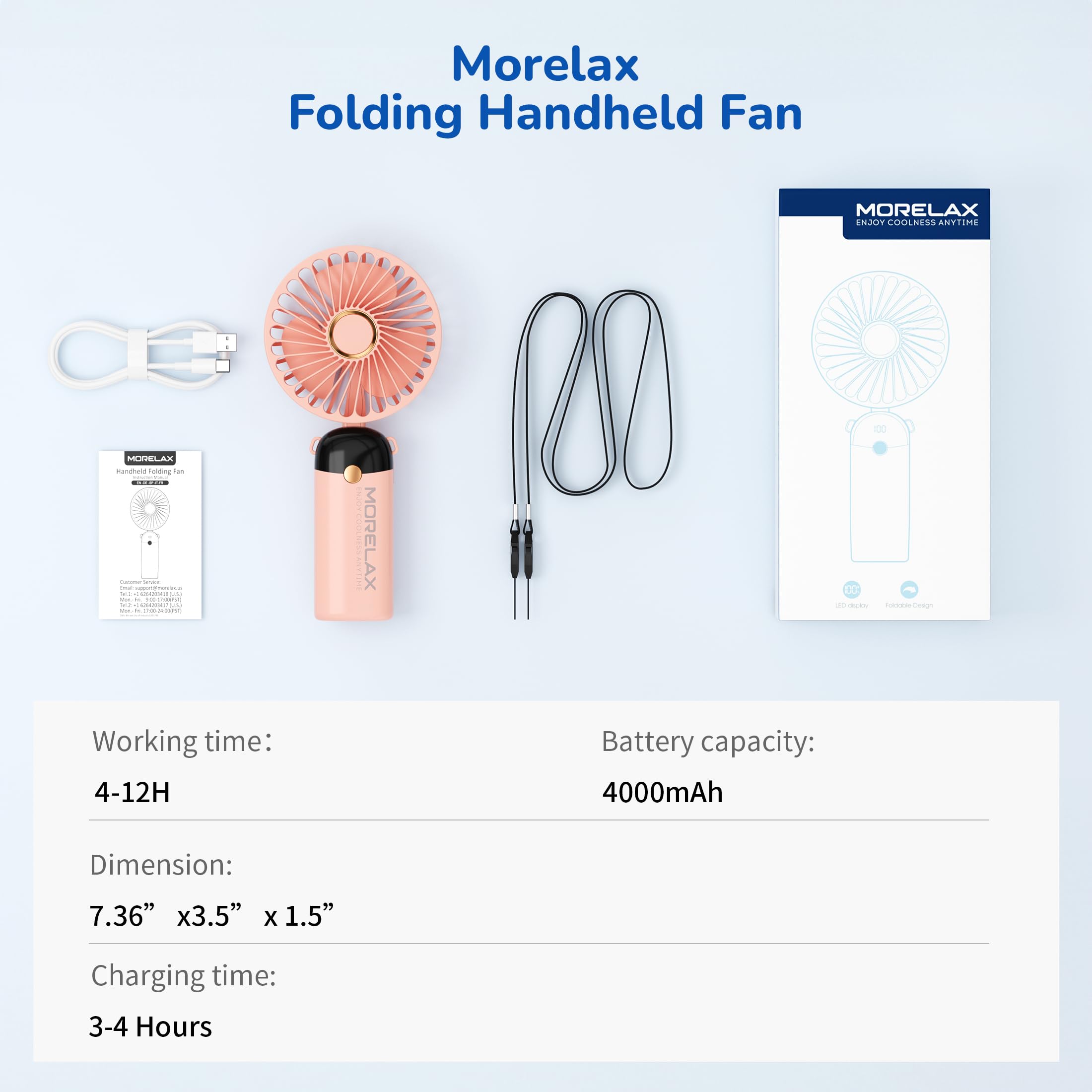 Morelax Handheld Mini Fan,USB Rechargeable Fodable Personal Fans 4000mAh,90 Adjustable, 6 Speed Strong Wind,Portable Fan Pocket Design 5 IN 1Cooling Table Fan for Office School Outdoor Travel,Pink