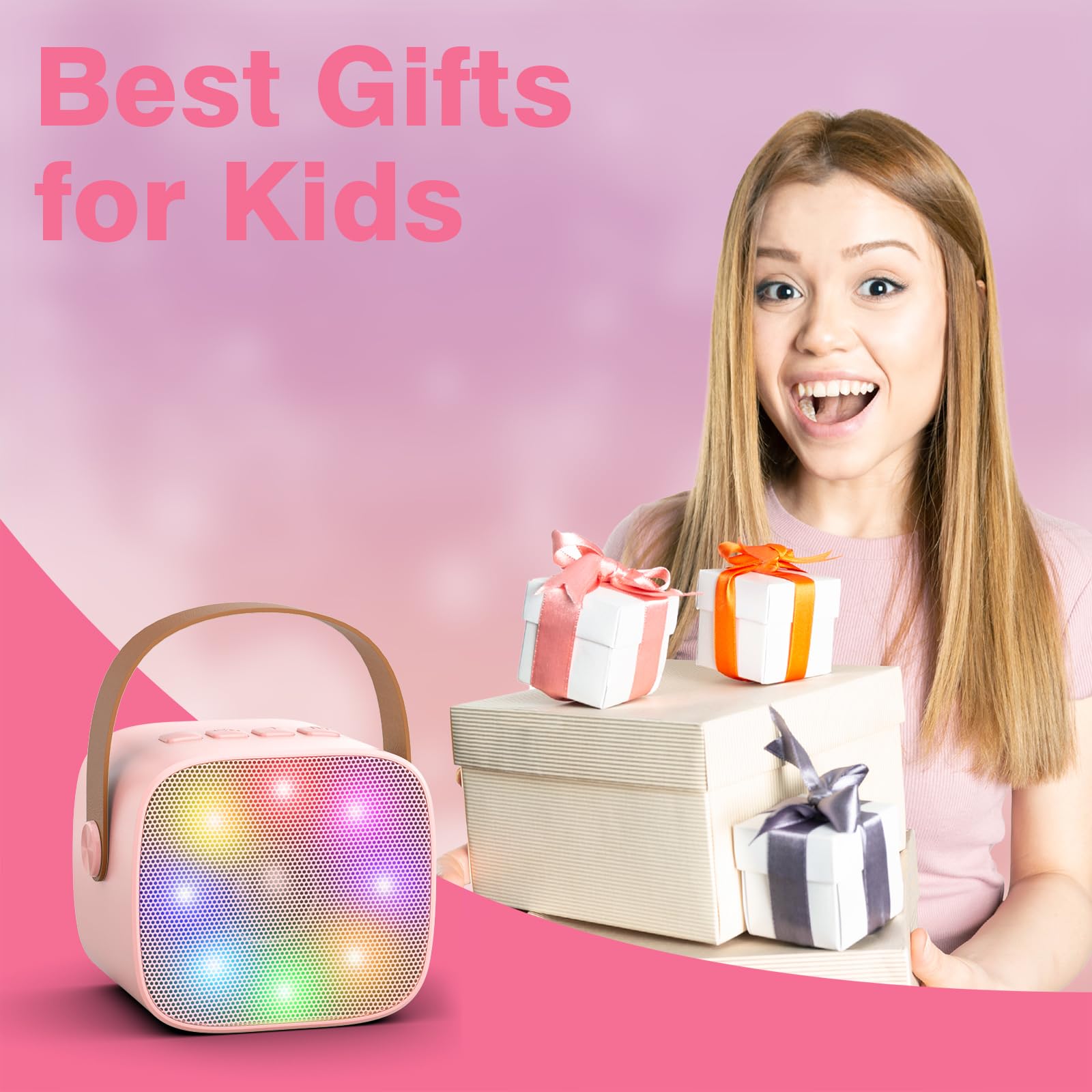 Mini Karaoke Machine for Kids Adults, Portable Bluetooth Karaoke Speaker with 2 Wireless Microphones for Girls Boys 3-11,12+ Years Old, Gifts for Family Home Birthday Party