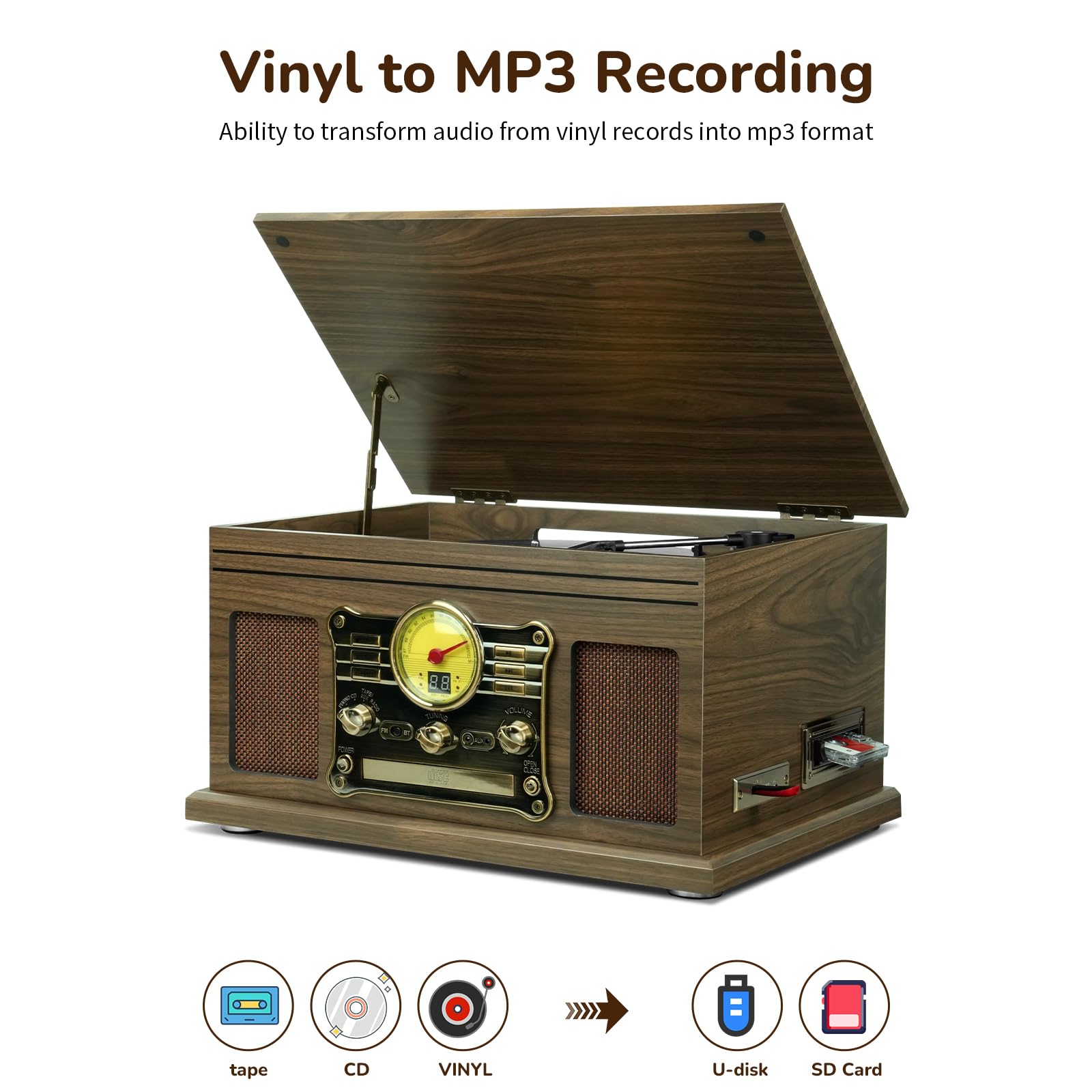 FEKTIK Bluetooth Record Player 10 in 1,FEKTIK 3-Speed Turntable for Vinyl with Speakers, LP to MP3 Converter, CD, Cassette Player, FM Radio, Wireless Streaming | Wooden