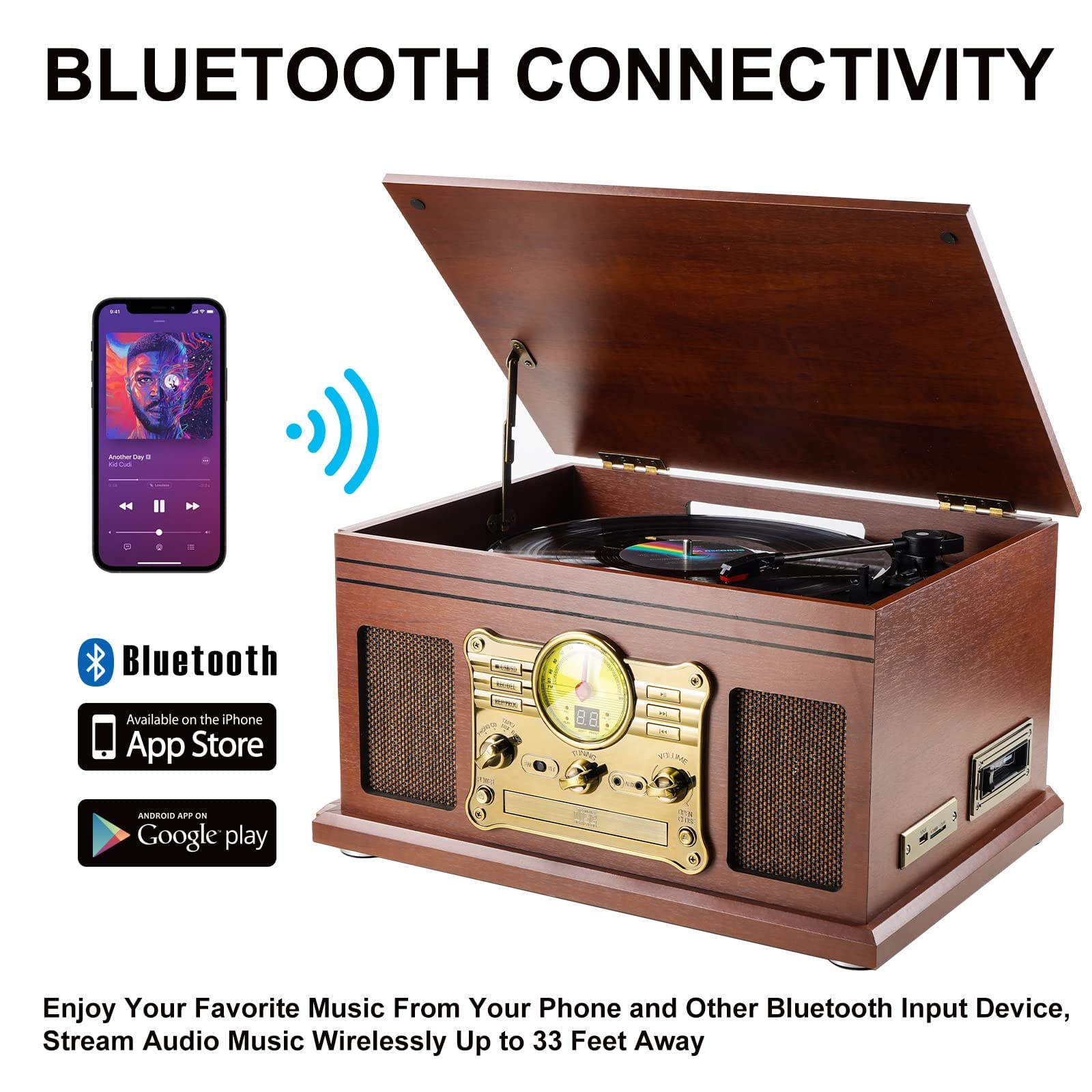 Bluetooth Record Player 10 in 1, 3-Speed Turntable for Vinyl with Speakers, LP to MP3 Converter, CD, Cassette Player, FM Radio, Wireless Streaming | Mahogany