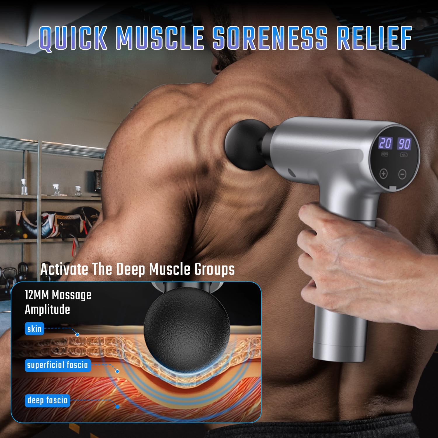 Massage Gun, Muscle Massage Gun Deep Tissue Back Massager for Pain Relief, 20 Speeds Handheld Electric Massager Tool with Silent Brushless Motor, Suitable for Gym Office Home Travel (Silver Grey)