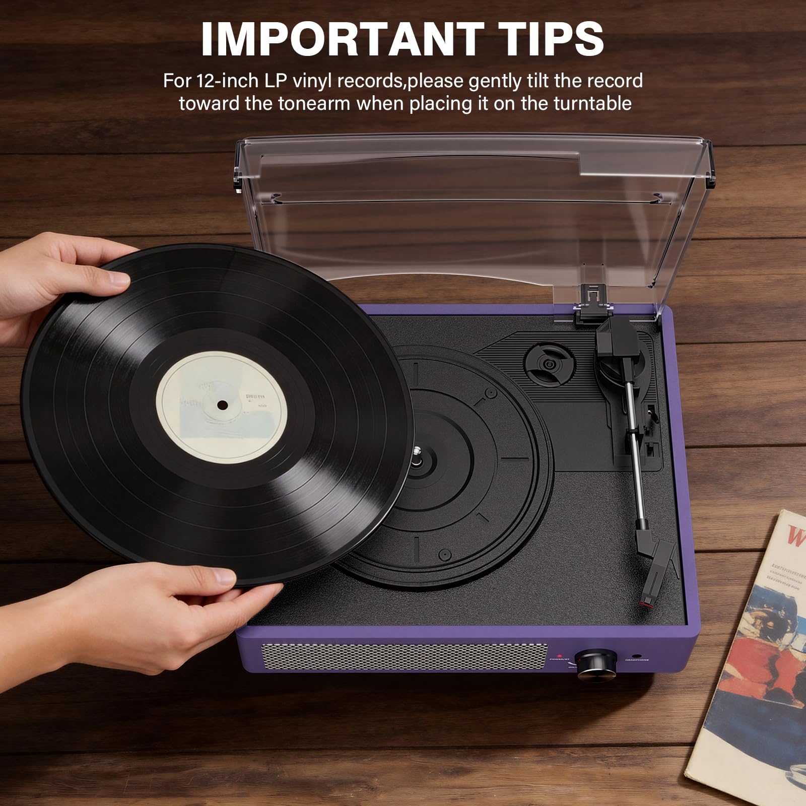 cotsoco Vinyl Record Player Bluetooth,Belt-Drive Turntable with Stereo Speakers Vintage Phonograph Vinyl Record Player 3 Speed 3 Size for Home Decoration,Aubergine