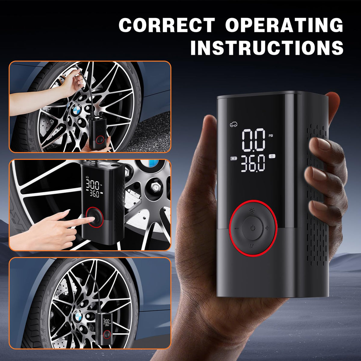 Motorenbau Tire Inflator Portable Air Compressor - Portable Cordless Mini Air Pump with Digital Pressure Gauge, 150PSI 3X Fast Inflation and Auto Shutoff Function Tires Pump for Cars