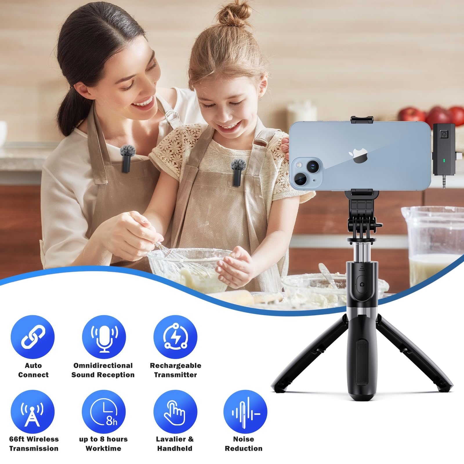 3 in 1 Wireless Microphone for iPhone, iPad, Android, Camera, Mini Lavalier Lapel Mic, USB-C Microphone, 2.4G Ultra-Low Delay, Microphone for Video Recording, Live Streaming, Vlog, TikTok, YouTube
