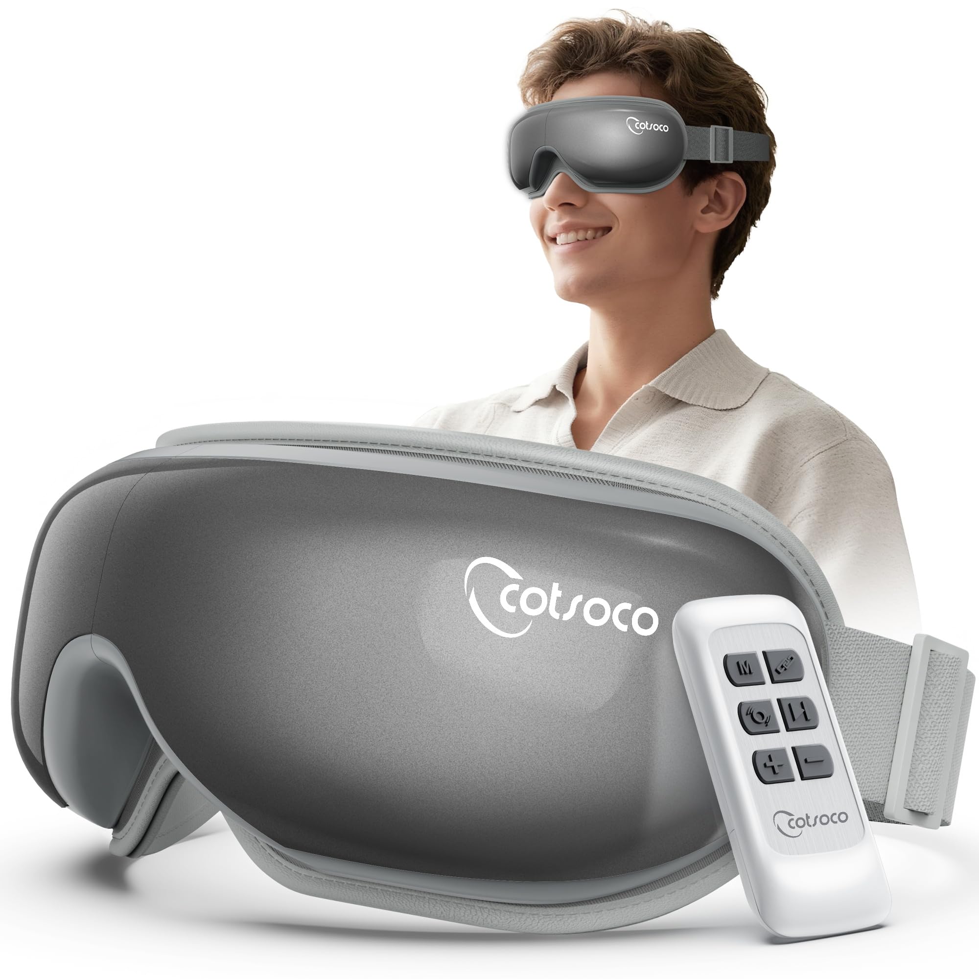 Cotsoco Eye Massager with Heat, Remote, and Compression, Adjustable Foldable Sleep Mask for Relaxing Eyes and Better Sleep, Migraine Relief Device, Birthday Gifts for Women Men Her Him-Gray