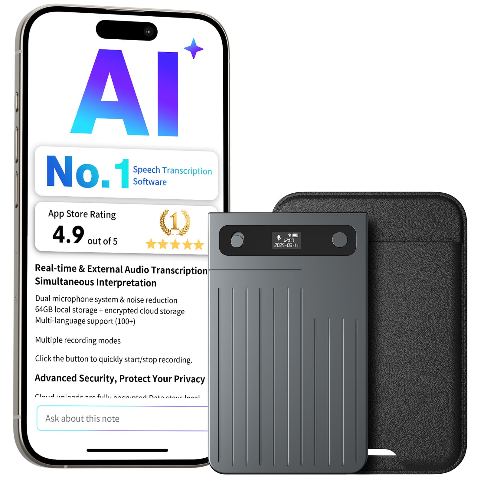 AI Voice Recorder, AI Note Taker 64GB with App Control, AI Technology Transcribe & Summarize Free, 121 Languages, Audio Recorder Device for Meetings & Calls, Ultra-Slim/Display, Magnetic Case, Grey