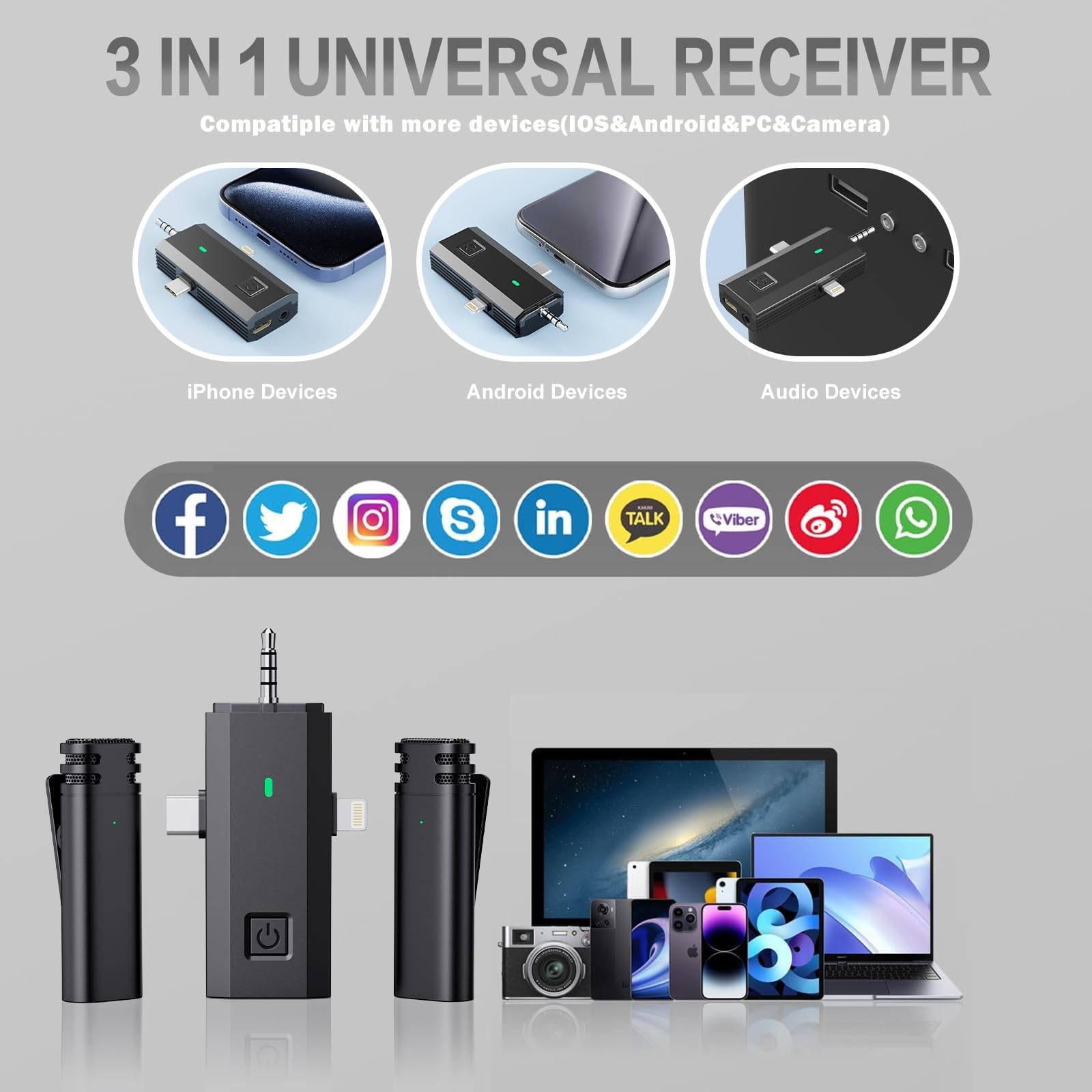 3 in 1 Wireless Microphone for iPhone, iPad, Android, Camera, Mini Lavalier Lapel Mic, USB-C Microphone, 2.4G Ultra-Low Delay, Microphone for Video Recording, Live Streaming, Vlog, TikTok, YouTube