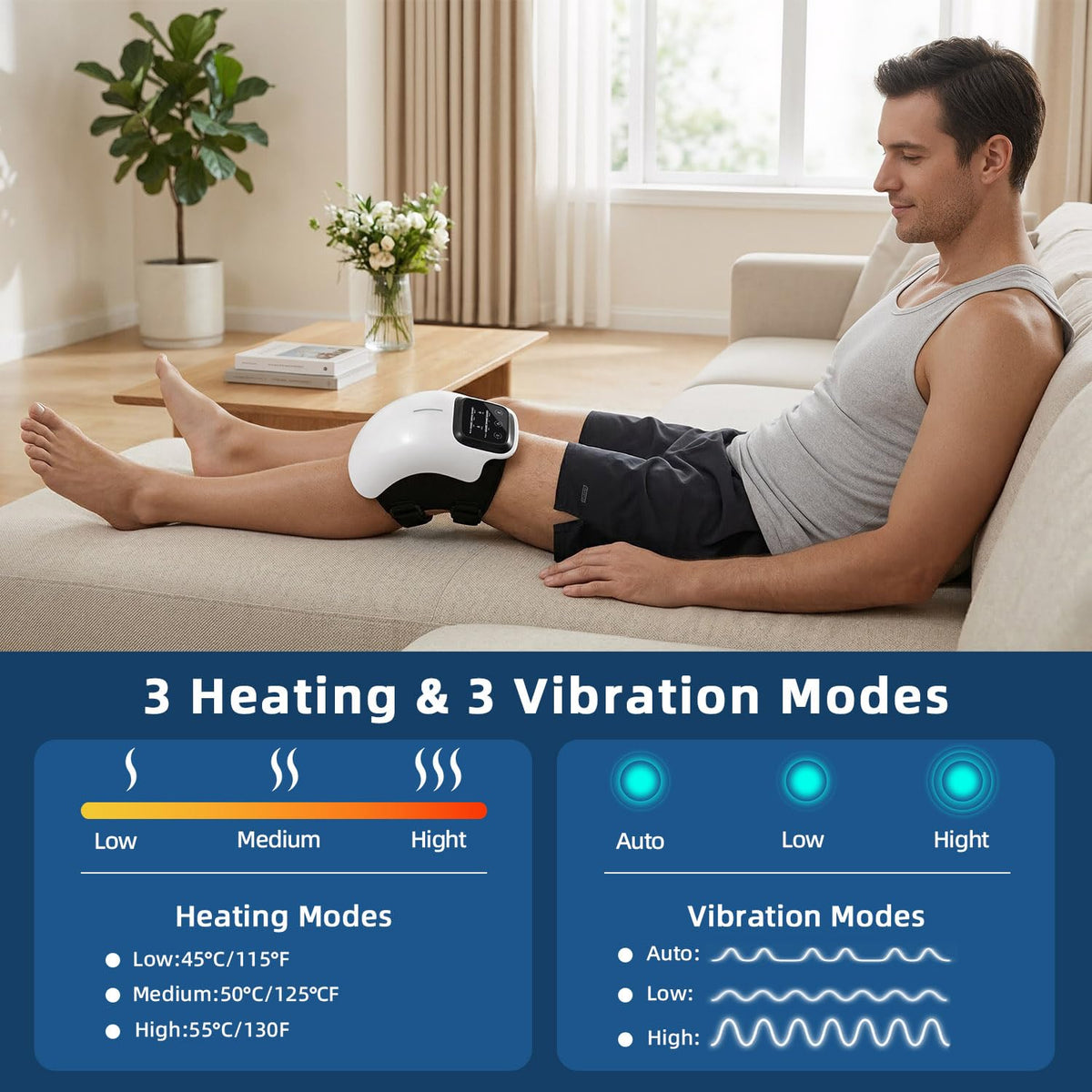 cotsoco Knee Massager with Heat, Red Light & Vibration, Cordless Knee Heating Pad, 3 Heat Levels, 3 Vibration Modes, Adjustable Knee Wrap for Daily Comfort, Gift for Men, Women, Mom & Dad