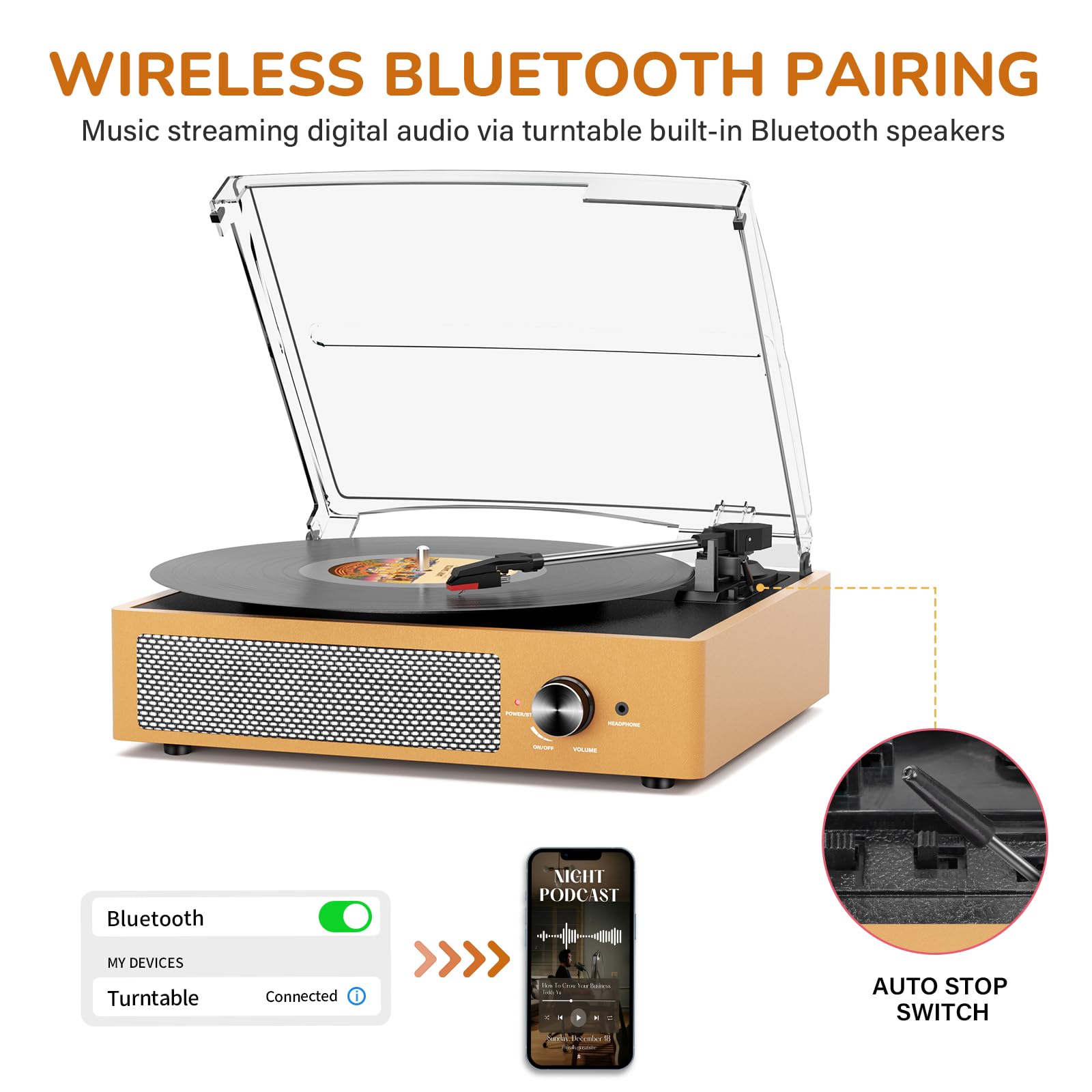 Vinyl Record Player with 2 Stereo Speakers Belt-Driven Vintage Turntables 3 Speed 3 Size Wireless Bluetooth Playback AUX-in RCA Out Headphone LP Vinyl Players Auto Stop Frosted Golden