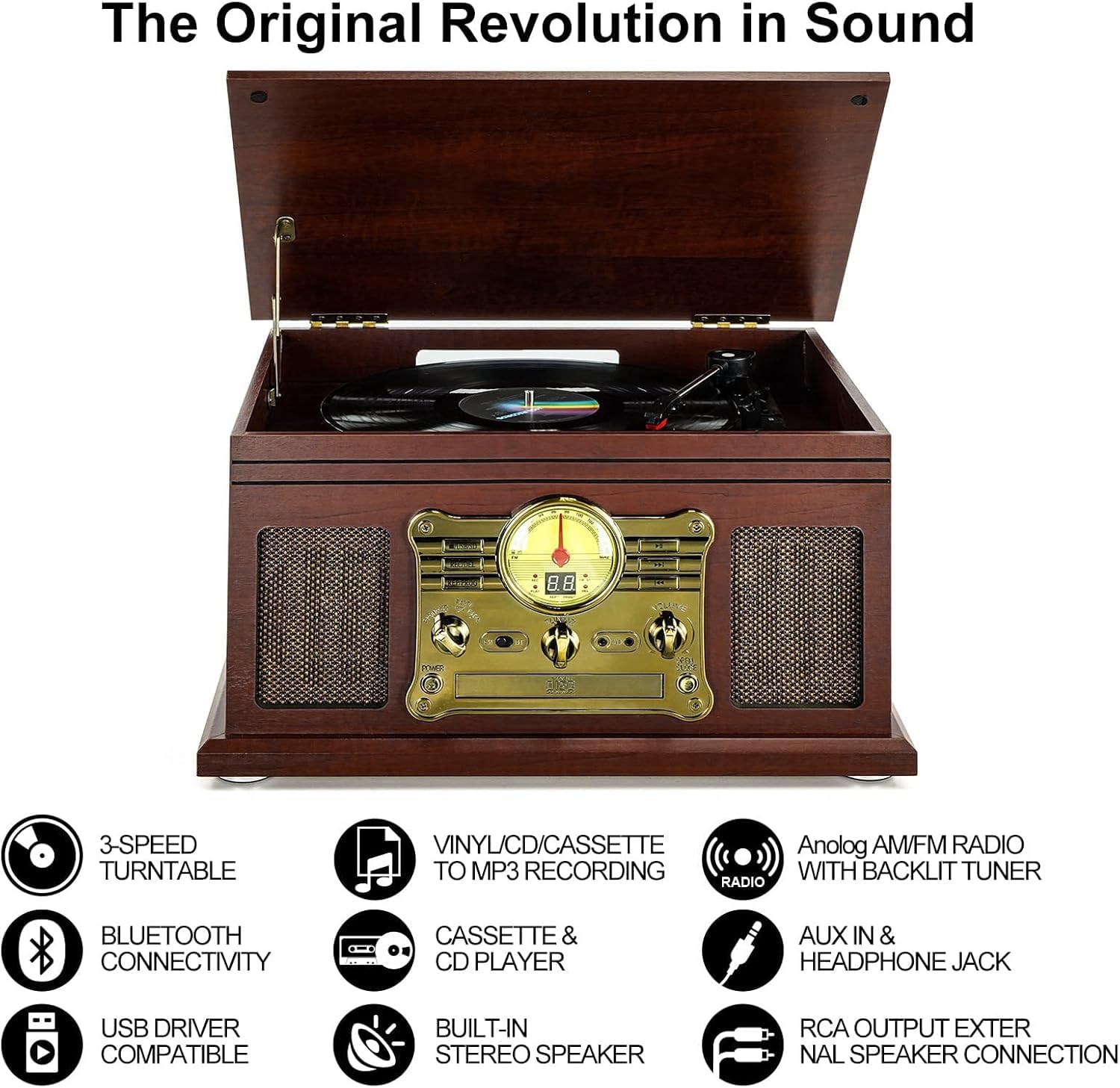 10 in 1 Bluetooth Record Player, 3-Speed Turntable for Vinyl with Speakers, LP to MP3 Converter, CD, Cassette Player, FM Radio, Wireless Streaming | Red Brown