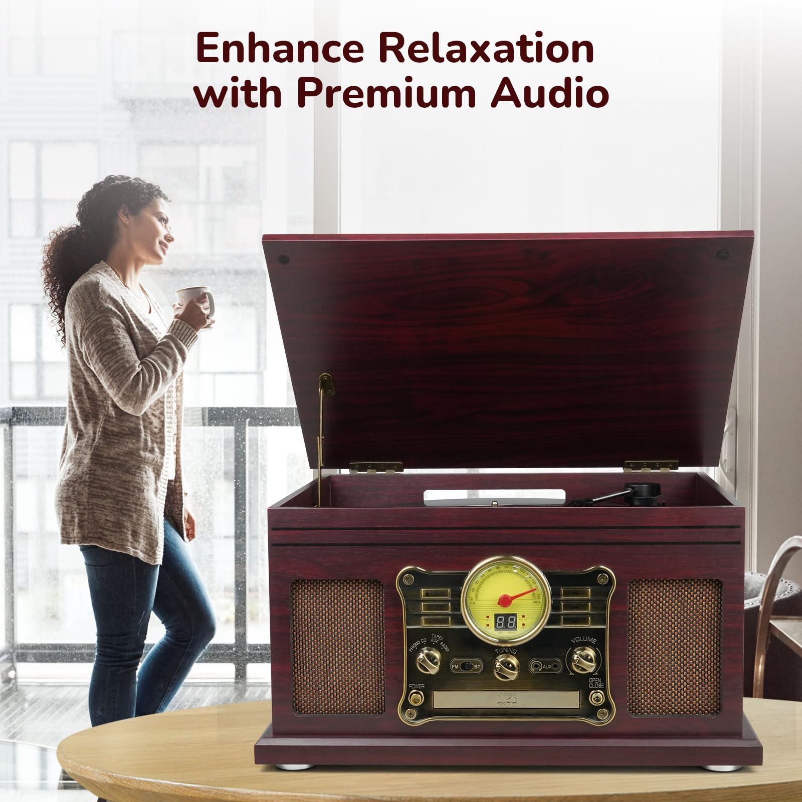 FEKTIK Bluetooth Record Player 10 in 1,FEKTIK 3-Speed Turntable for Vinyl with Speakers, LP to MP3 Converter, CD, Cassette Player, FM Radio, Wireless Streaming | Coffee