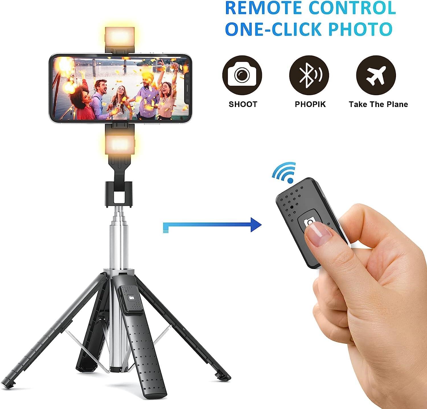 41” Selfie Stick Tripod Quadrapod with 2 Rechargeable Fill Light, Extendable Tripod with Bluetooth Remote, Stainless Steel, 3 Light Modes, 9 Brightness Levels, Compatible for All iPhone & Android