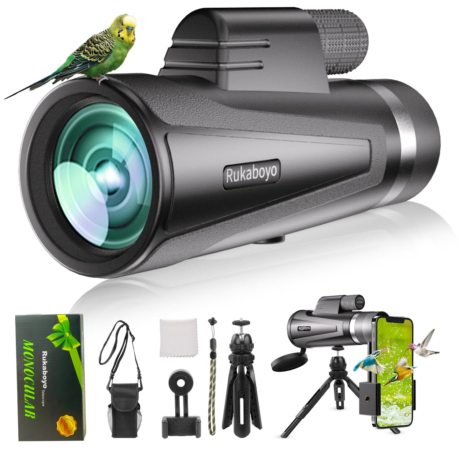 12X50 HD Monocular Telescope High Powered with Smartphone Adapter &Tripod - BAK4 Prism Monocular for Wildlife Bird Watching Hunting Travel Camping Stargazing Hiking(Black)