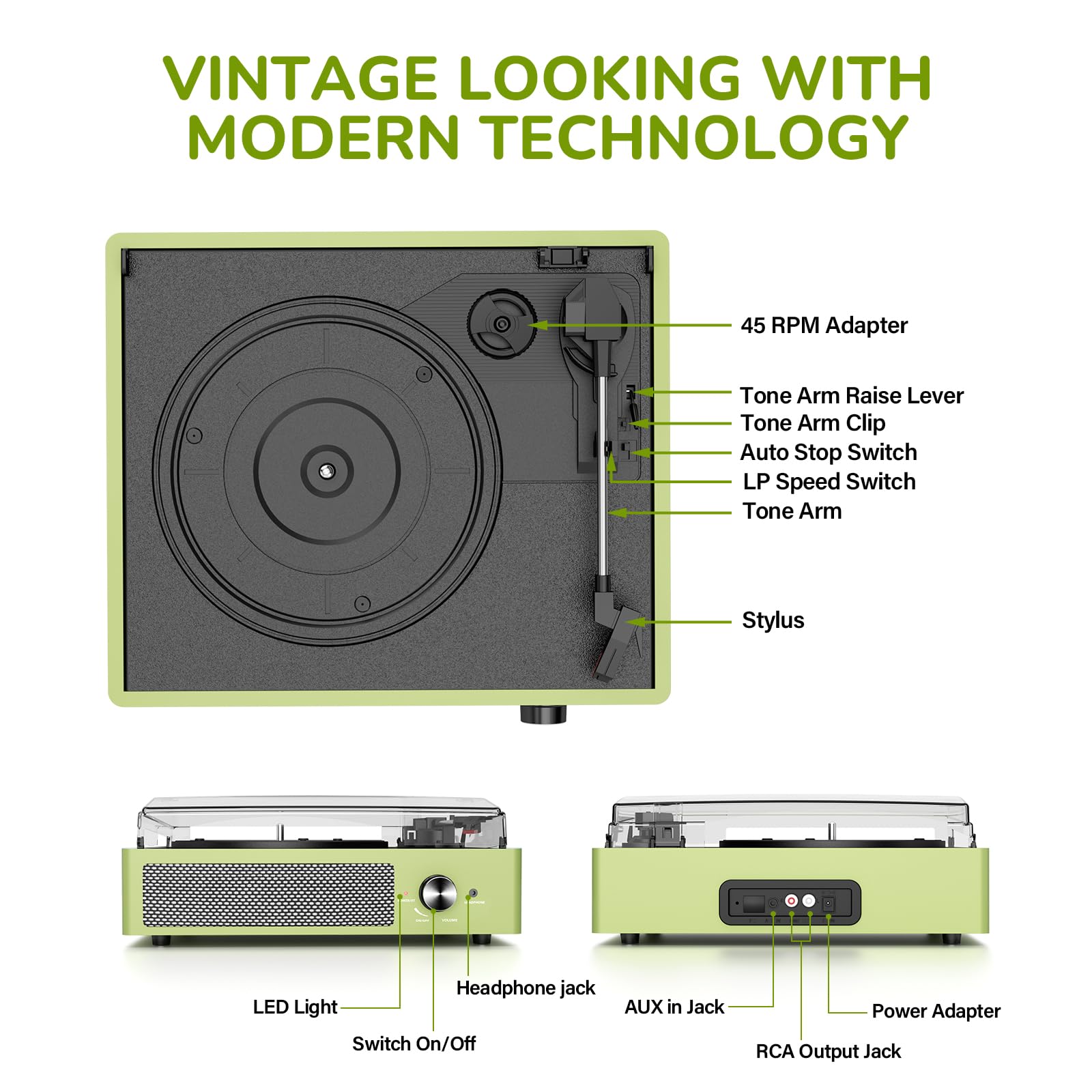 Digitnow Vinyl Player – Record Player with Bluetooth Light Green