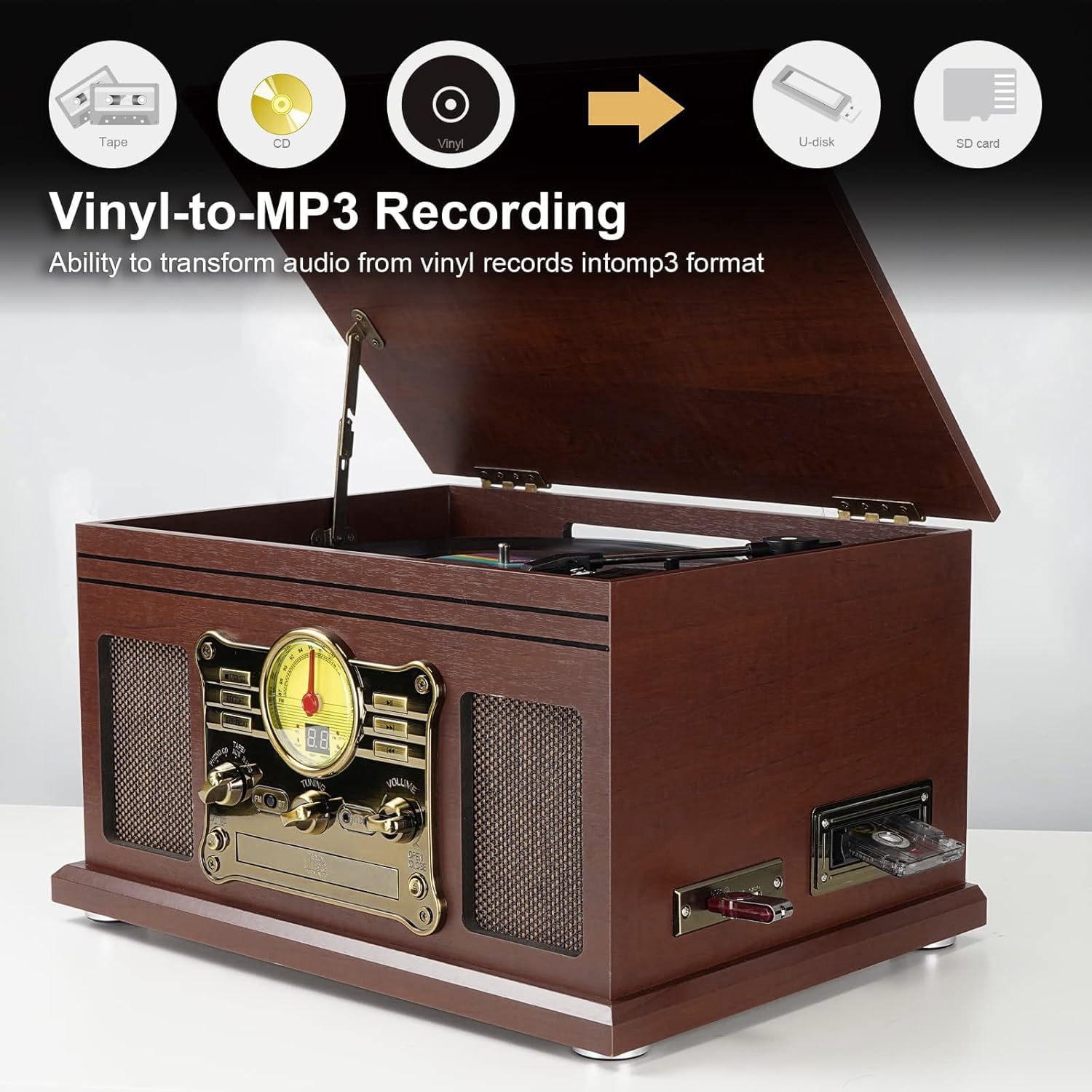 10 in 1 Bluetooth Record Player, 3-Speed Turntable for Vinyl with Speakers, LP to MP3 Converter, CD, Cassette Player, FM Radio, Wireless Streaming | Red Brown