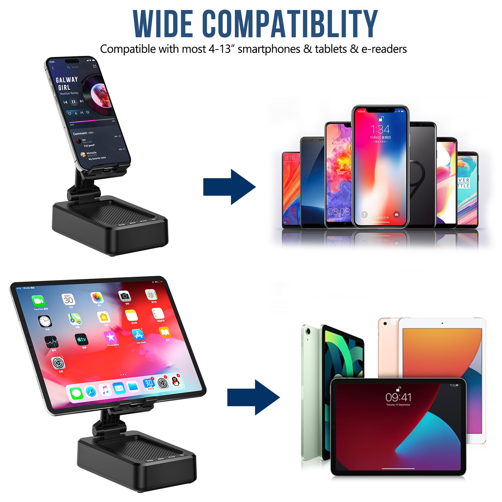Cell Phone Stand with Wireless Bluetooth Speaker and Charging, Anti-Slip Base HD Surround Sound, Perfect for Home/Outdoor, Phone Holder Compatible with iPhone/ipad/Samsung Galaxy, Gifts for Men Women