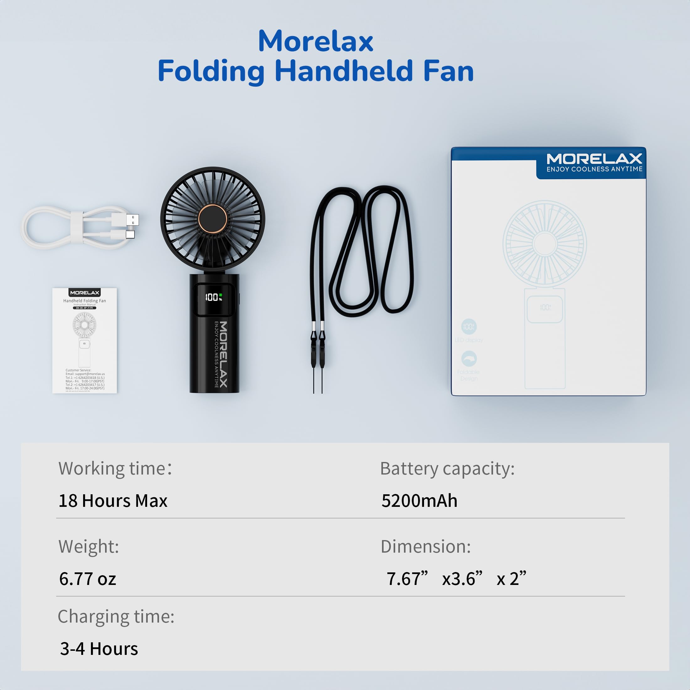 Portable Handheld Fan, USB Rechargeable Foldable Mini Personal Fan, 5200mAh, 180 Adjustable, 6 Speed Wind, 3 IN 1 Hand Cooling Desk Fan with LED Display for Home Office School Outdoor Travel, Black