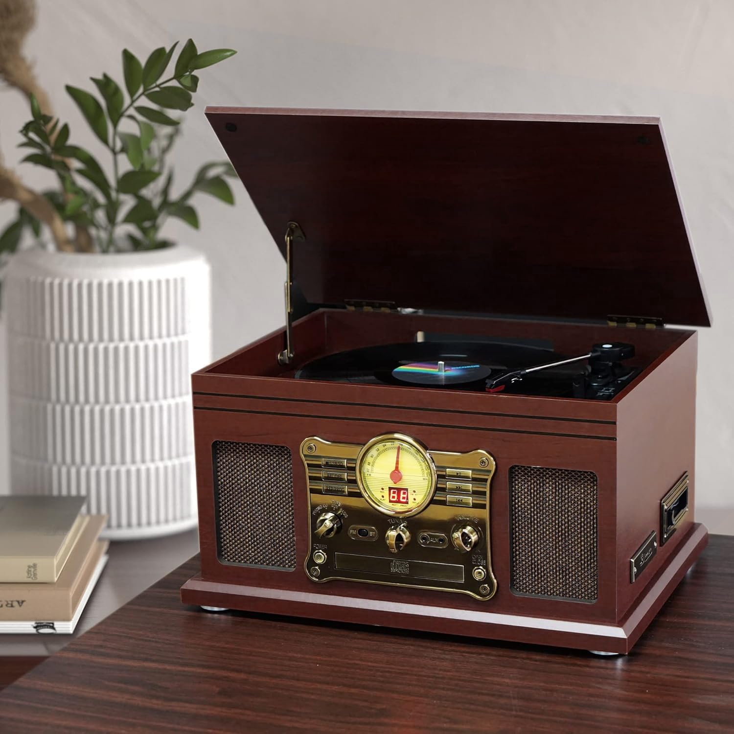 10 in 1 Bluetooth Record Player, 3-Speed Turntable for Vinyl with Speakers, LP to MP3 Converter, CD, Cassette Player, FM Radio, Wireless Streaming | Red Brown