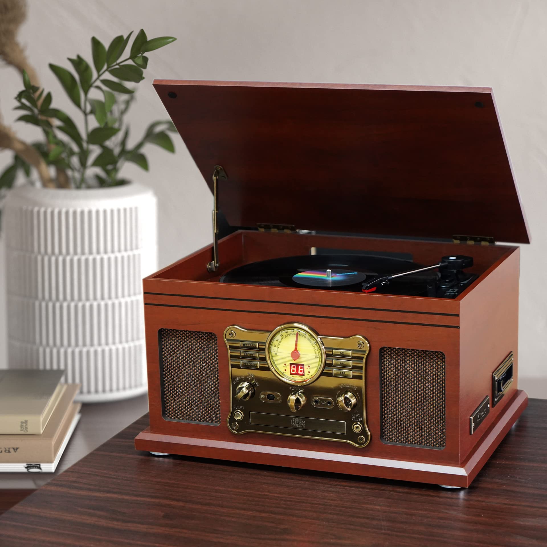 Bluetooth Record Player 10 in 1, 3-Speed Turntable for Vinyl with Speakers, LP to MP3 Converter, CD, Cassette Player, FM Radio, Wireless Streaming | Mahogany
