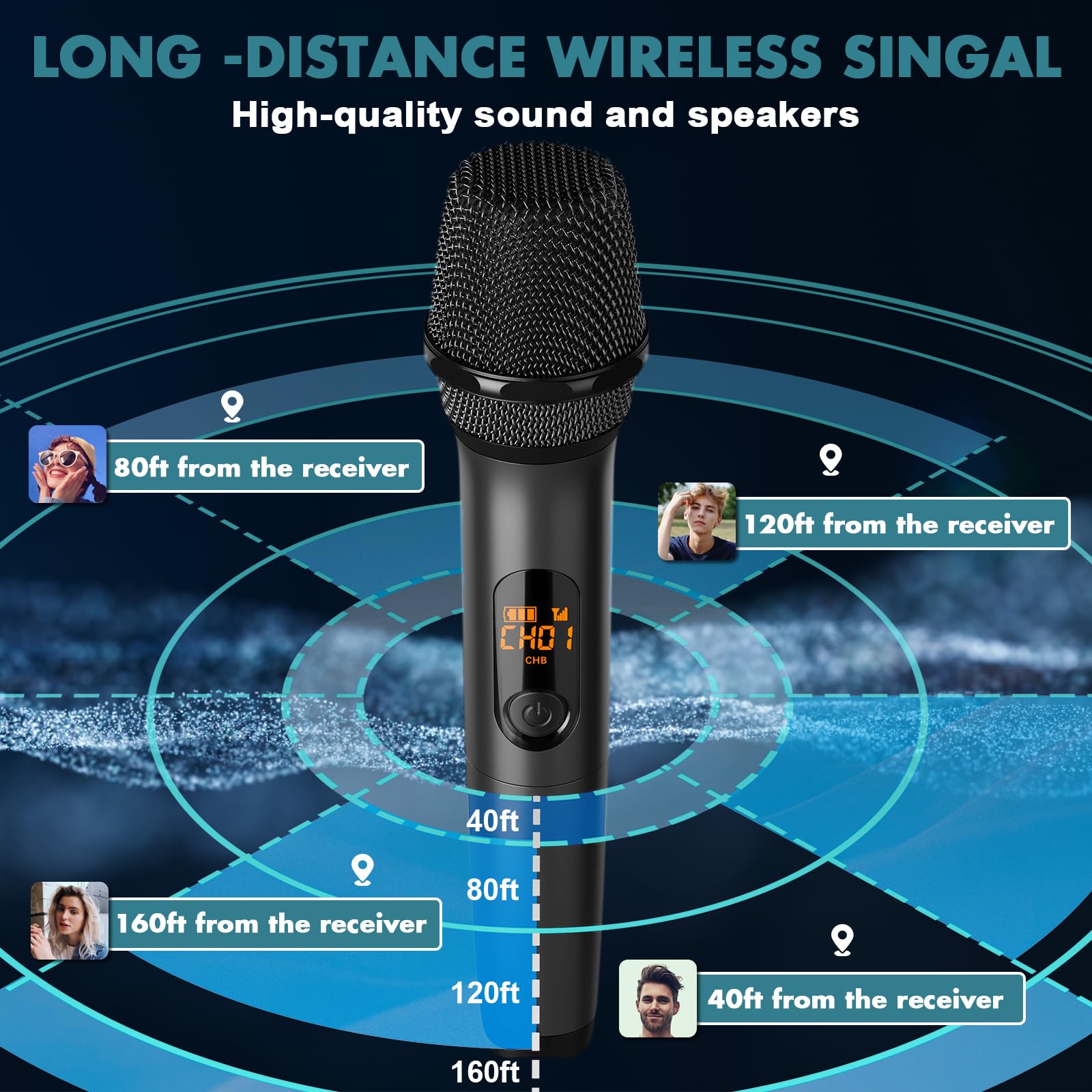Wireless Microphones, Professional UHF Metal Dual Handheld Cordless Dynamic Mic System with Rechargeable Auto- Receiver, 160 ft Range, Microphone for Karaoke, Party Singing, Lecture, DJ, Wedding