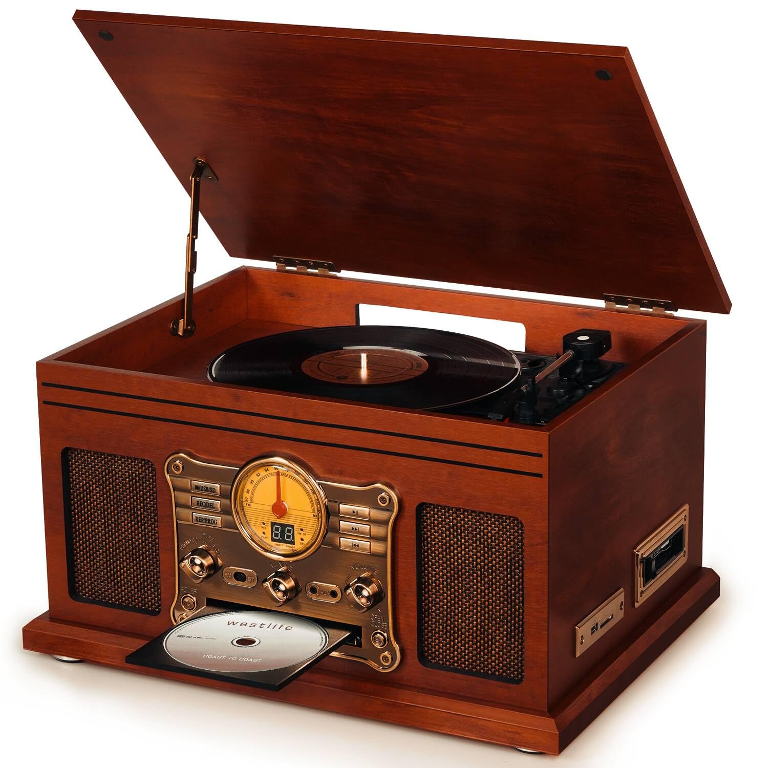 Bluetooth Record Player 10 in 1, 3-Speed Turntable for Vinyl with Speakers, LP to MP3 Converter, CD, Cassette Player, FM Radio, Wireless Streaming | Mahogany