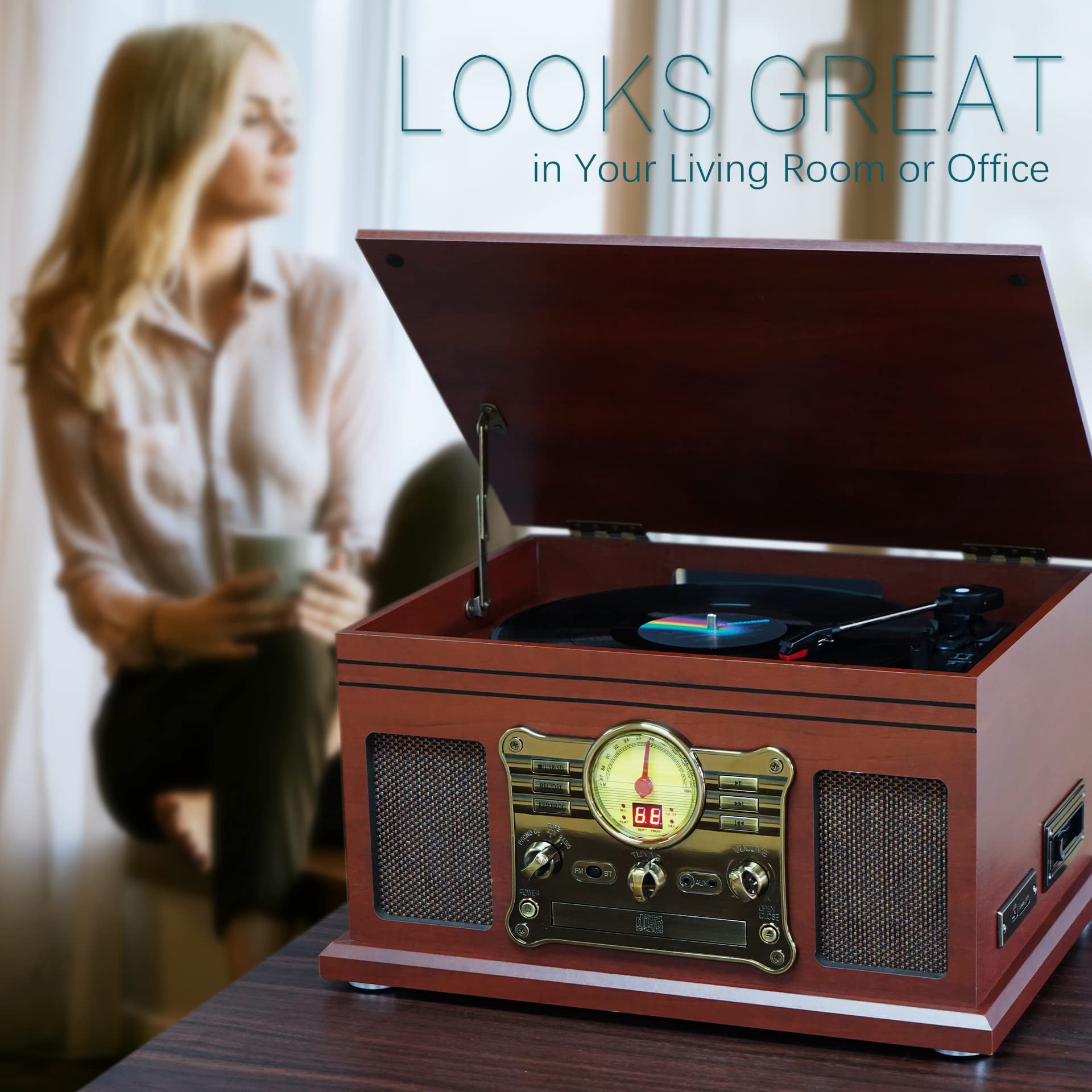 Bluetooth Record Player 10 in 1, 3-Speed Turntable for Vinyl with Speakers, LP to MP3 Converter, CD, Cassette Player, FM Radio, Wireless Streaming | Mahogany