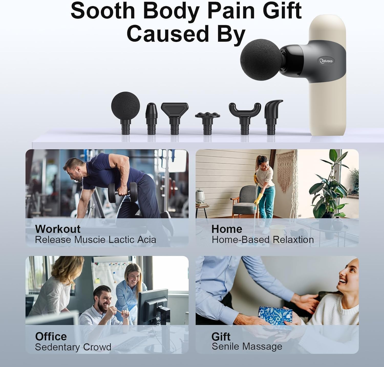 Mini Massage Gun ,Percussion Deep Tissues Muscle Massager, Silicone Material Removable and Washable, Suitable for People with Hyperhidrosis, with 6 Massage Heads 4 Speeds, best gift for her/him-Almond