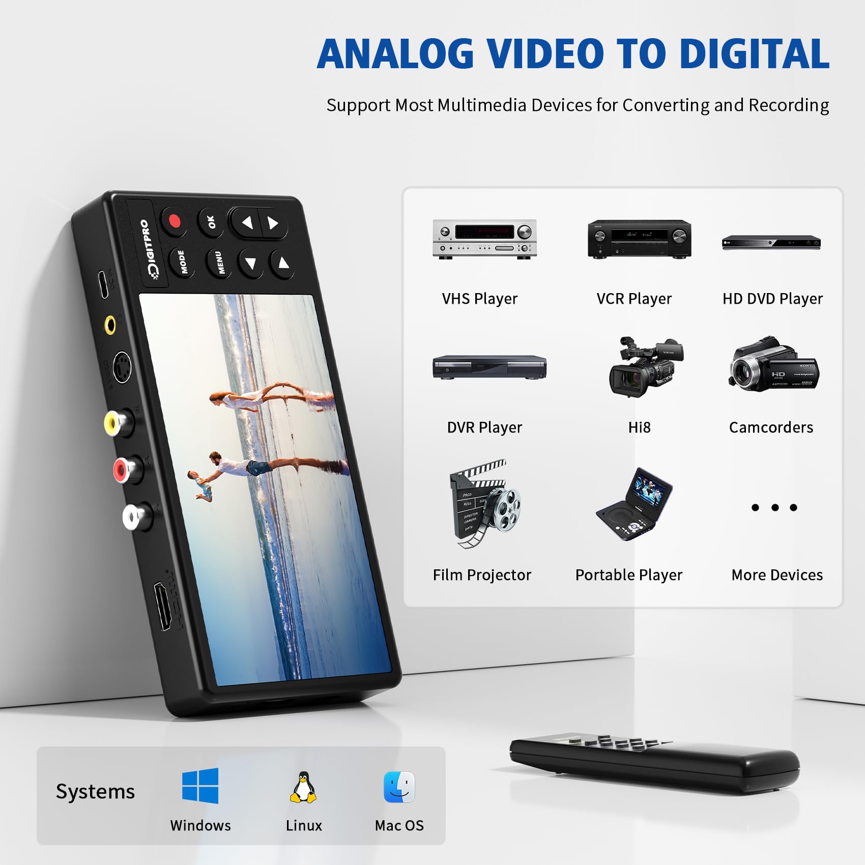 DigitPro VHS to Digital Converter 3.0, 5” HD Video to Digital Recorder, Convert Video & Audio from Analog VCR, DVR, DVD, Hi8, Mini DV, Camcorder Cassette Tapes (Tapes/DVD Player Needed)