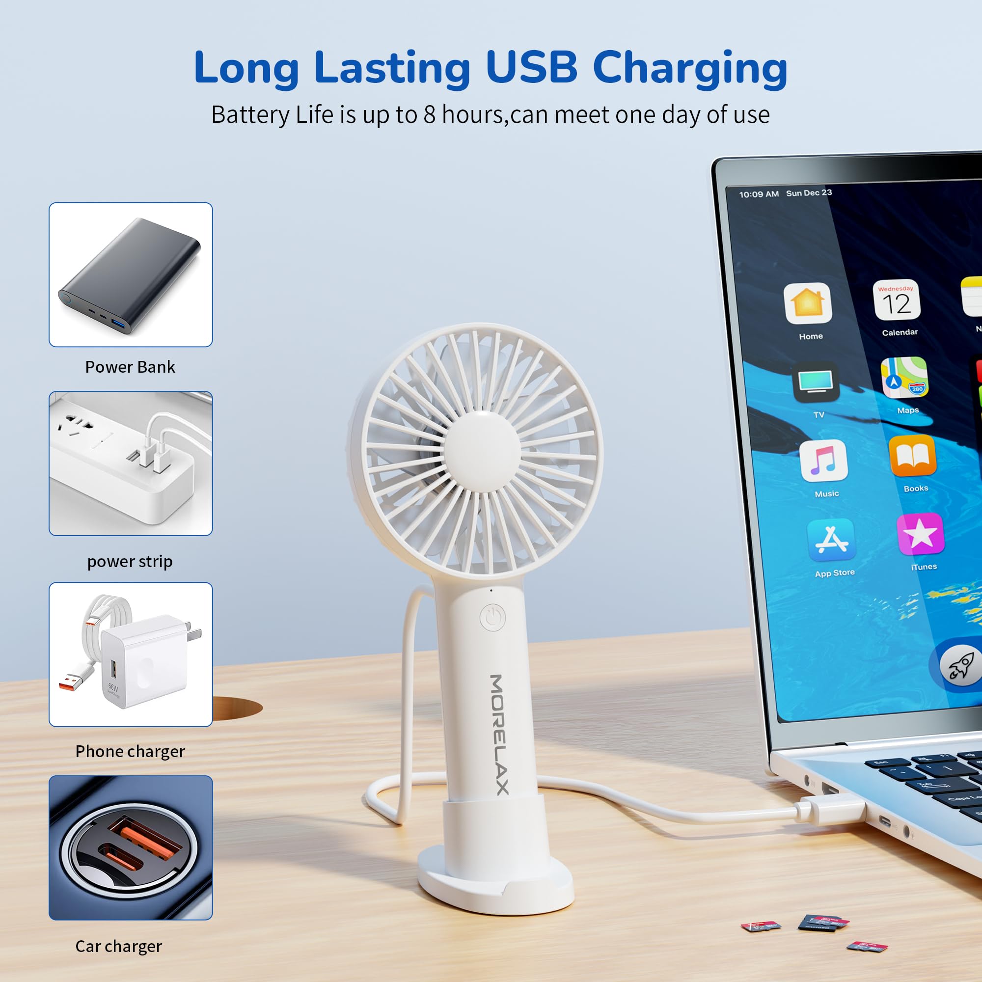 Jancane Handheld Fan, USB Rechargeable Mini Portable Fan with Base, 10H Battery, Strong Wind, Small & Powerful, Cute Design for Travel, Makeup, Girls Women Summer Gift (White)
