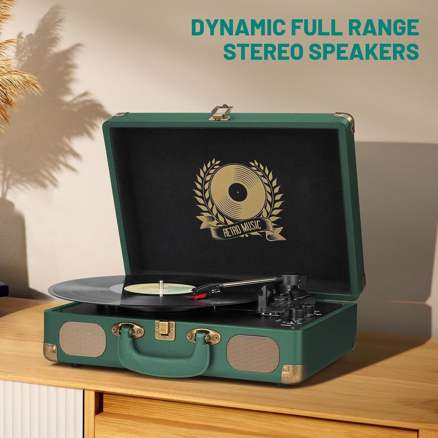 Vinyl Record Player Bluetooth Turntable 3-Speed Suitcase Portable Vintage Belt-Driven Record Player with Built-in Speakers RCA Line Out AUX in Headphone Jack Dark Hunter Green