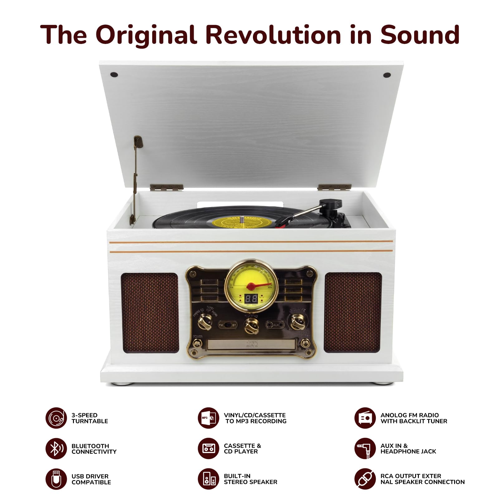 FEKTIK Bluetooth Record Player 10 in 1,FEKTIK 3-Speed Turntable for Vinyl with Speakers, LP to MP3 Converter, CD, Cassette Player, FM Radio, Wireless Streaming | White